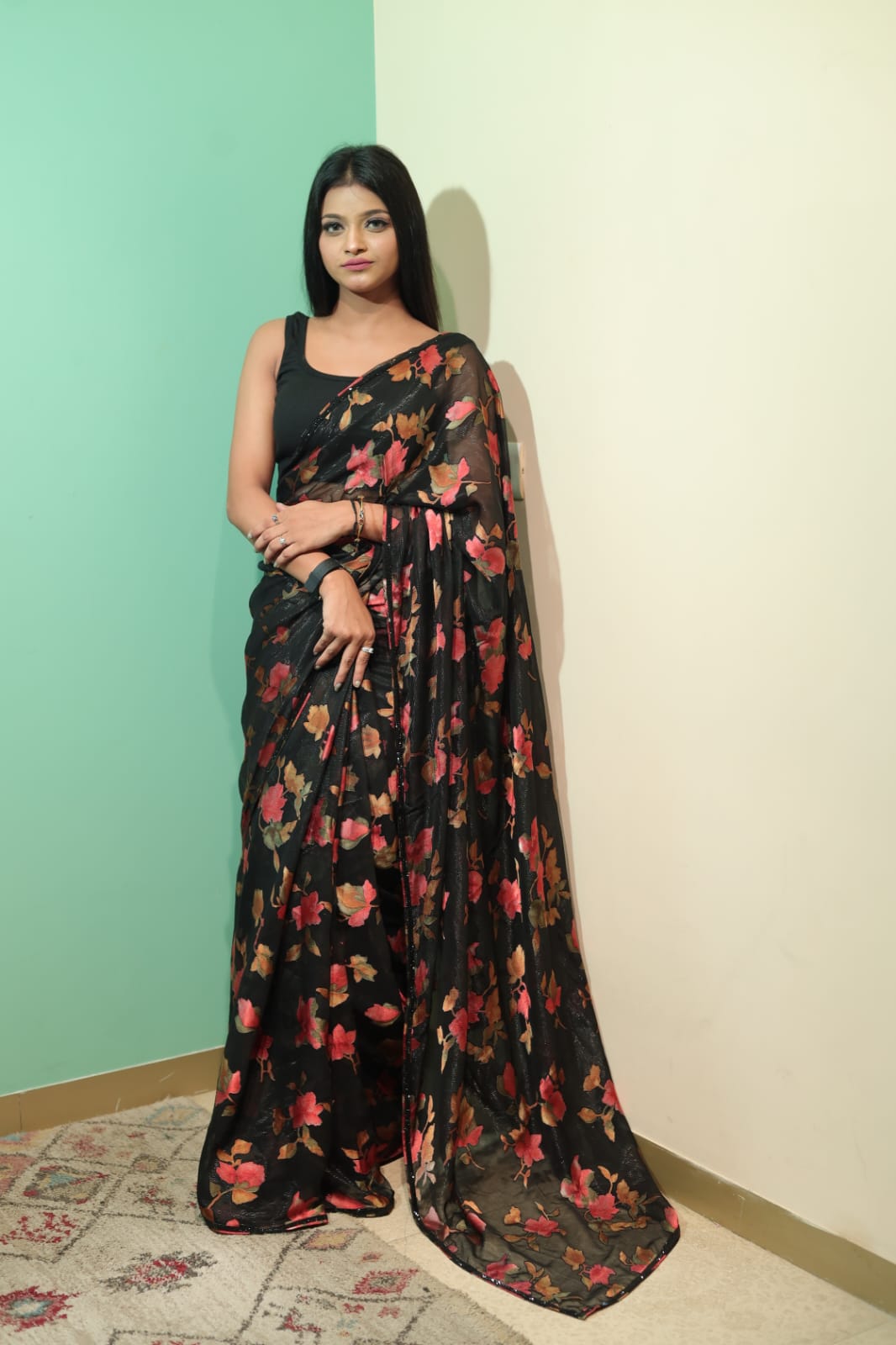 Elegant Black Georgette Saree with Multi-Color Floral Print