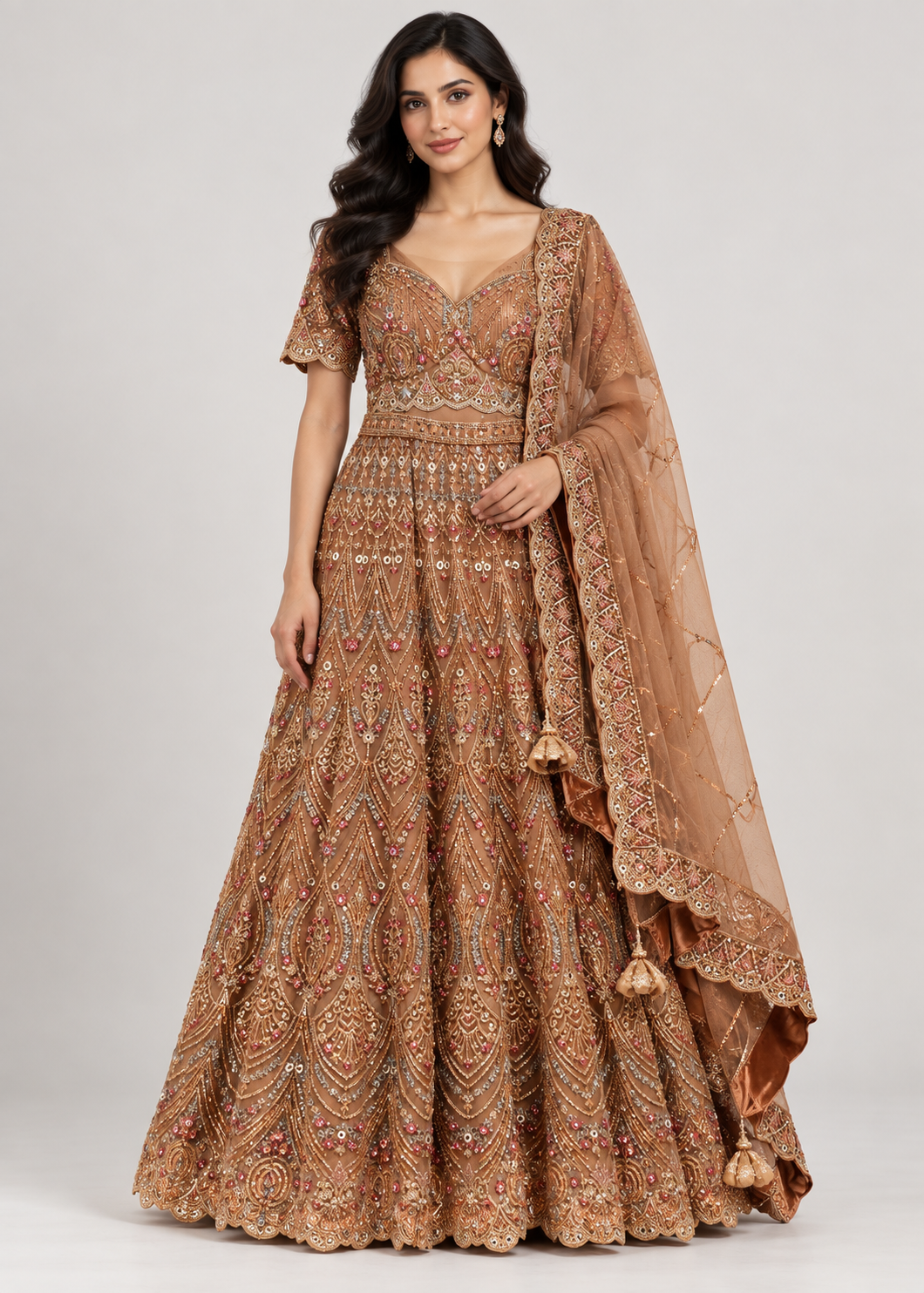 Caramel Bronze Embroidered Anarkali Gown with Dupatta