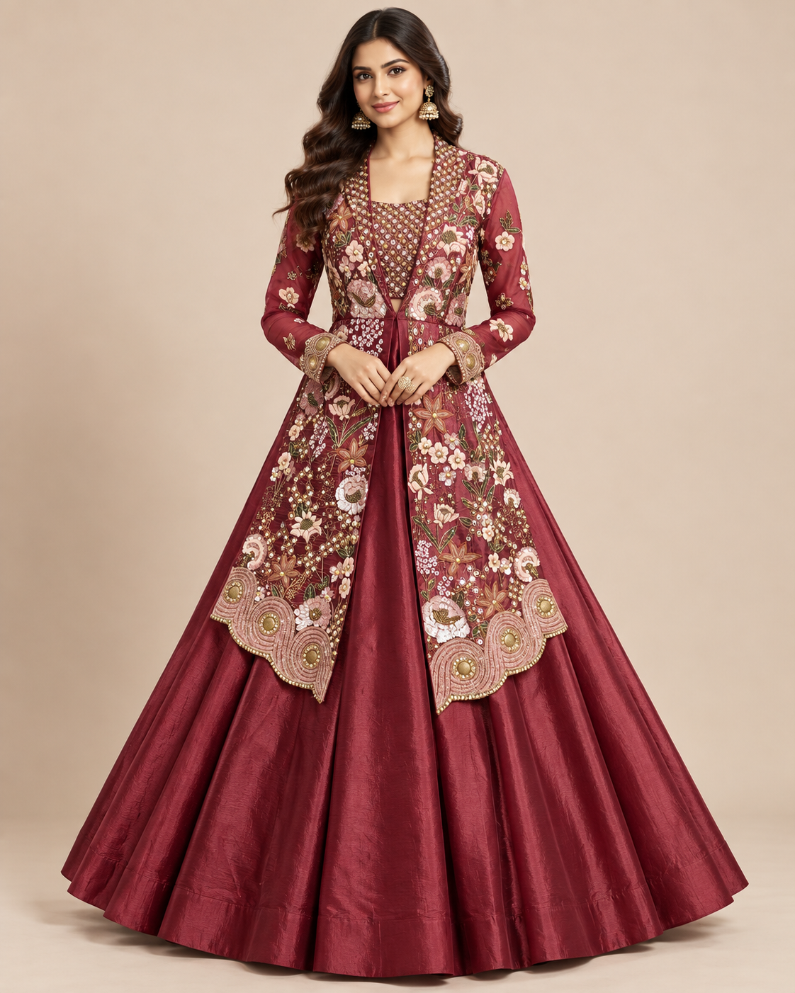 Maroon Burgundy Embroidered Jacket Anarkali Gown Set Main image