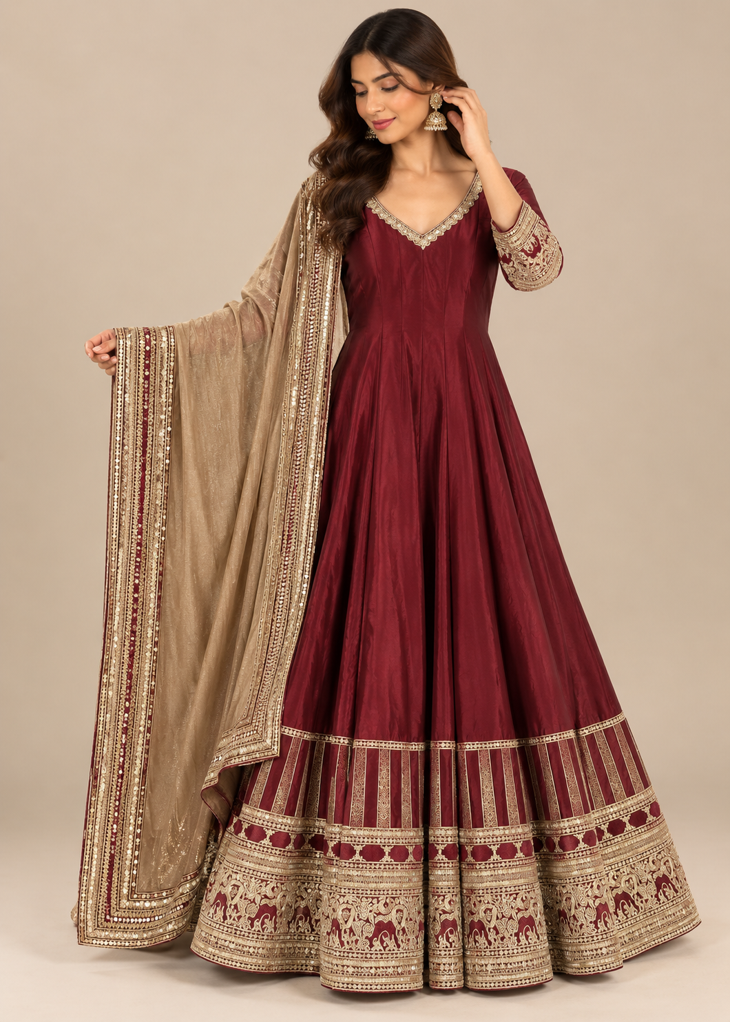 Wine Maroon Embroidered Silk Anarkali Gown