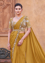 Mustard Crepe Satin Silk Saree