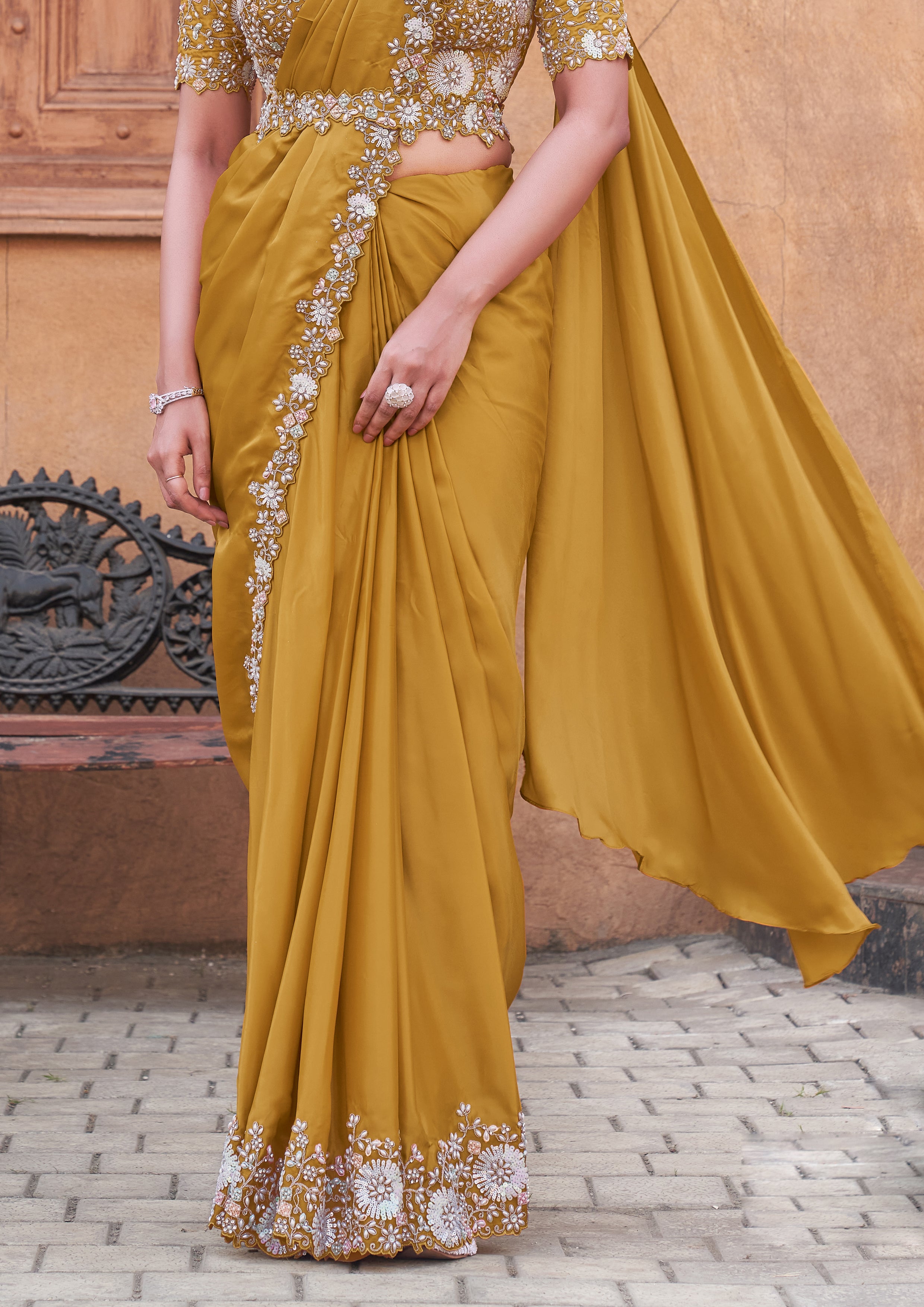 Mustard Crepe Satin Silk Saree