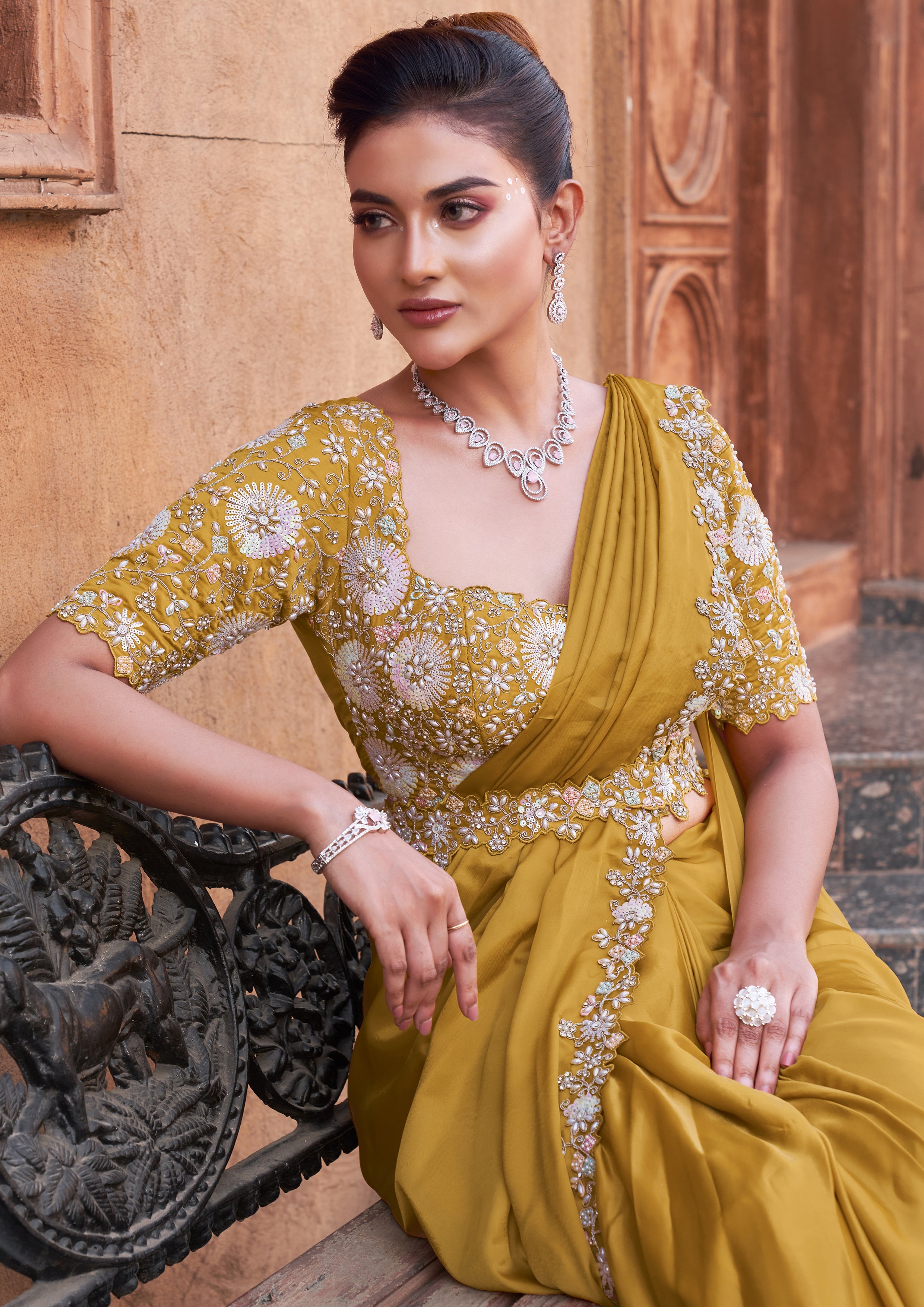 Mustard Crepe Satin Silk Saree Secondary image