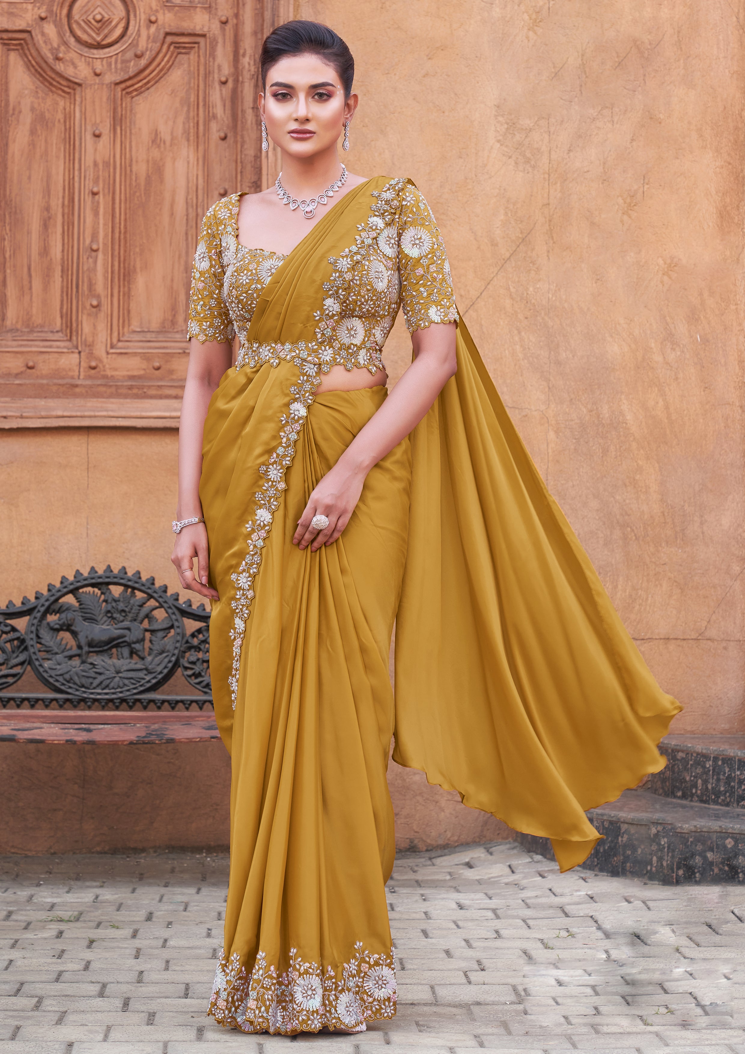 Mustard Crepe Satin Silk Saree Main image