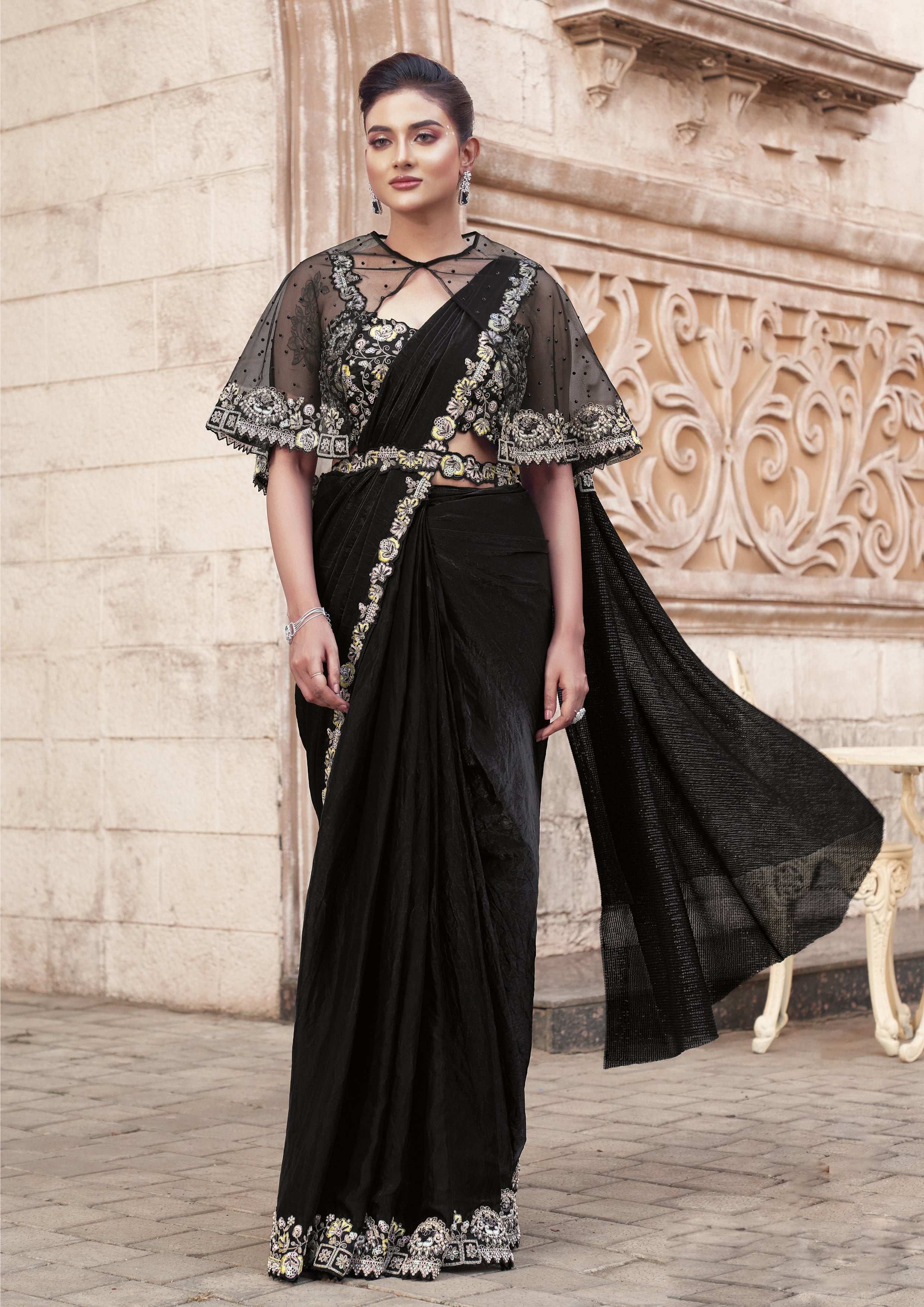 Sequined Satin Saree with Poncho and Belt