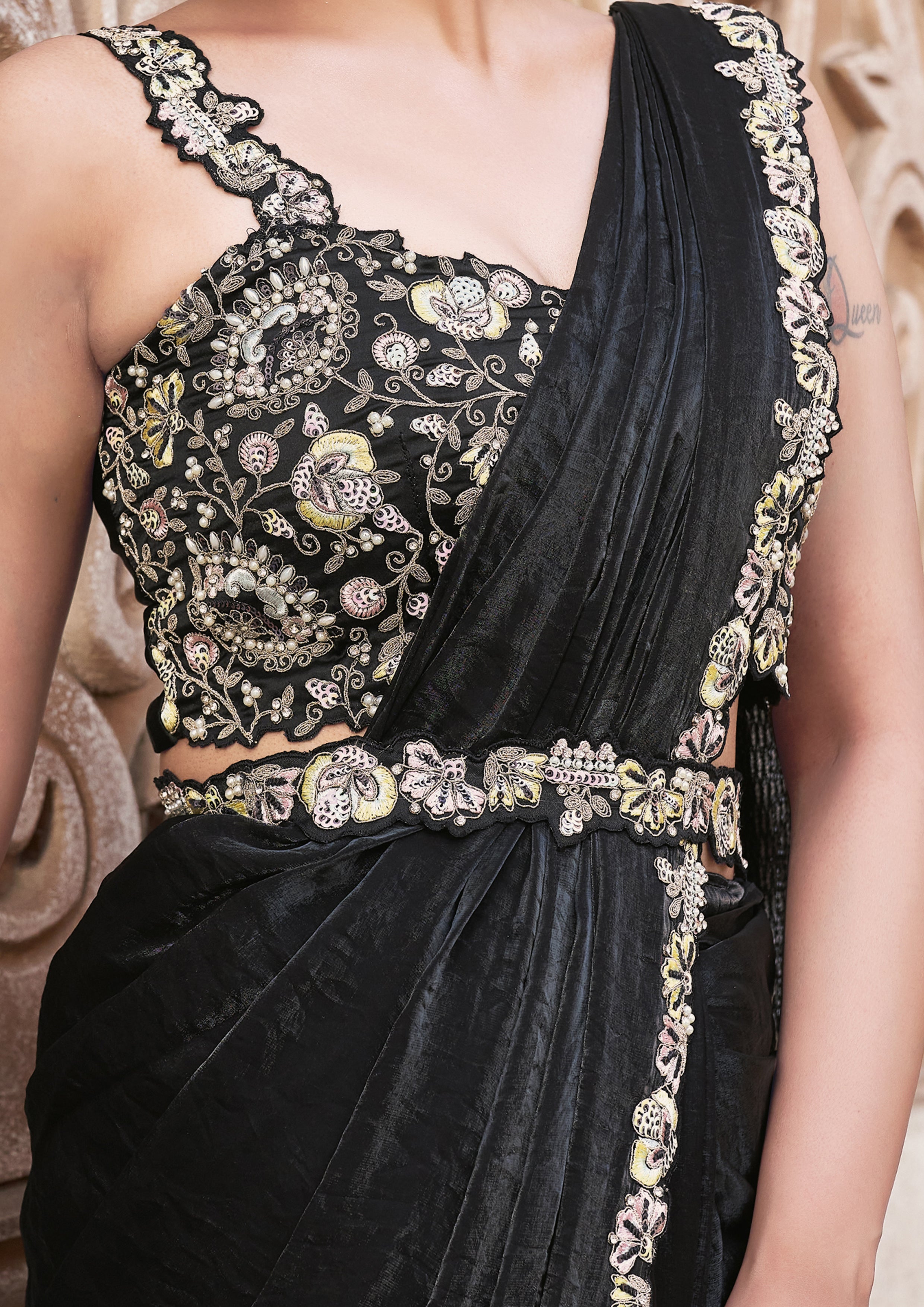 Sequined Satin Saree with Poncho and Belt