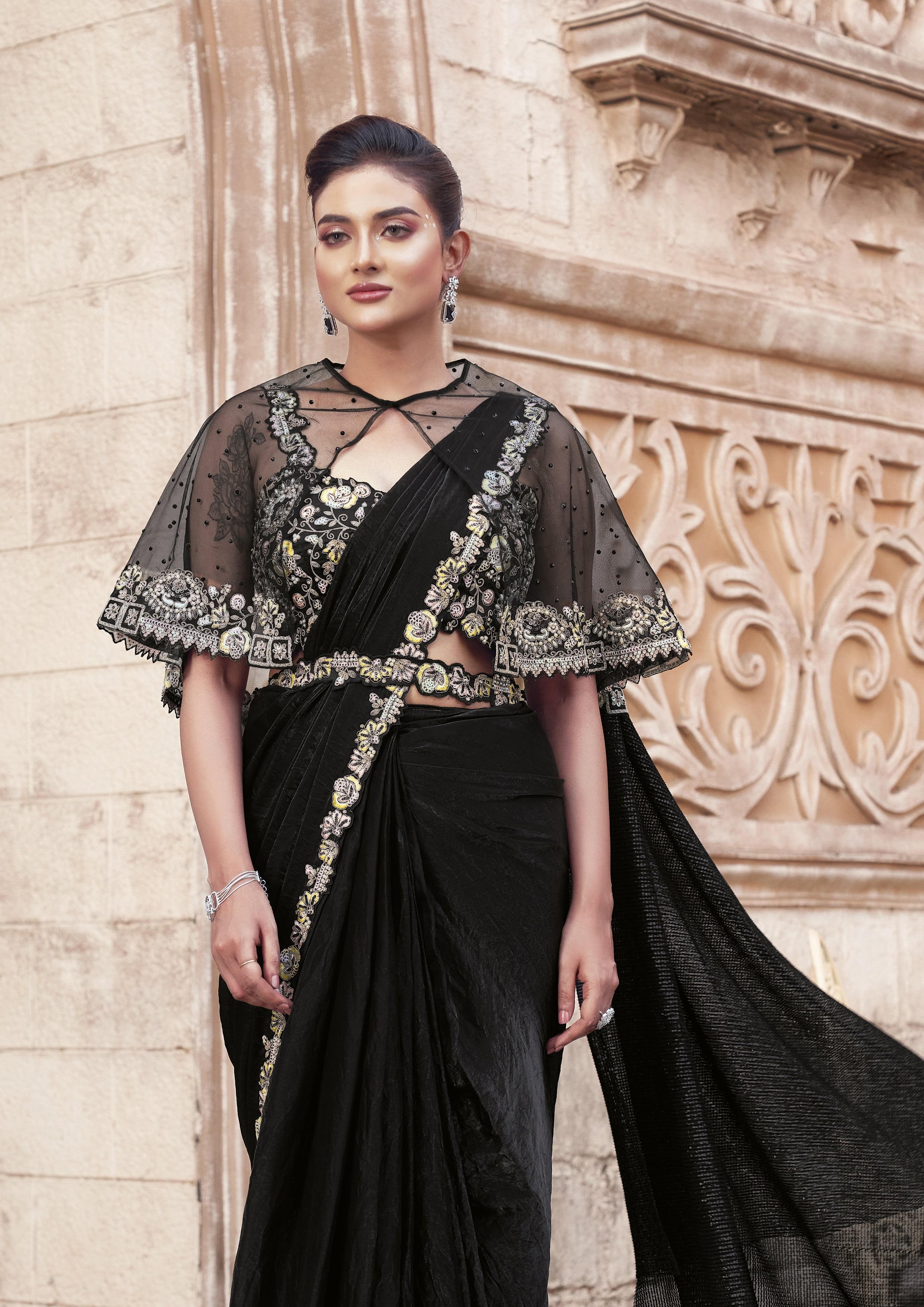 Sequined Satin Saree with Poncho and Belt