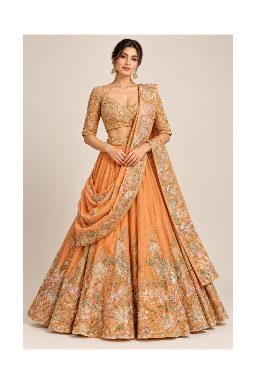 Peach Ochre Embroidered Bridal Lehenga Set