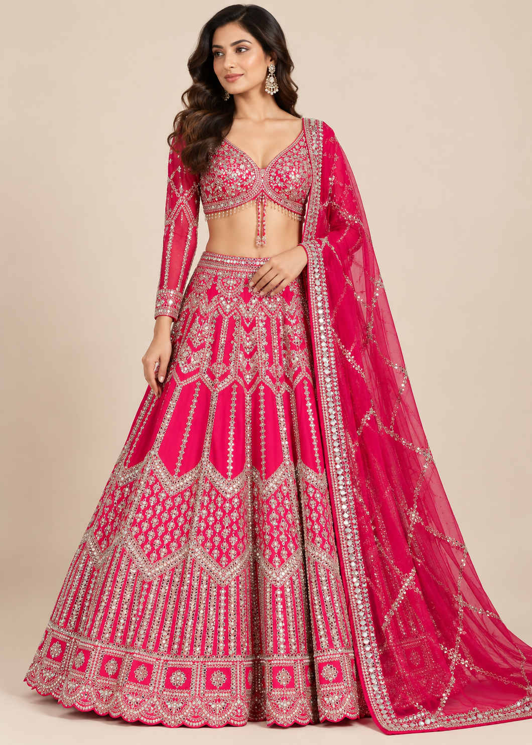 Hot Pink Mirror Work Bridal Lehenga Main image