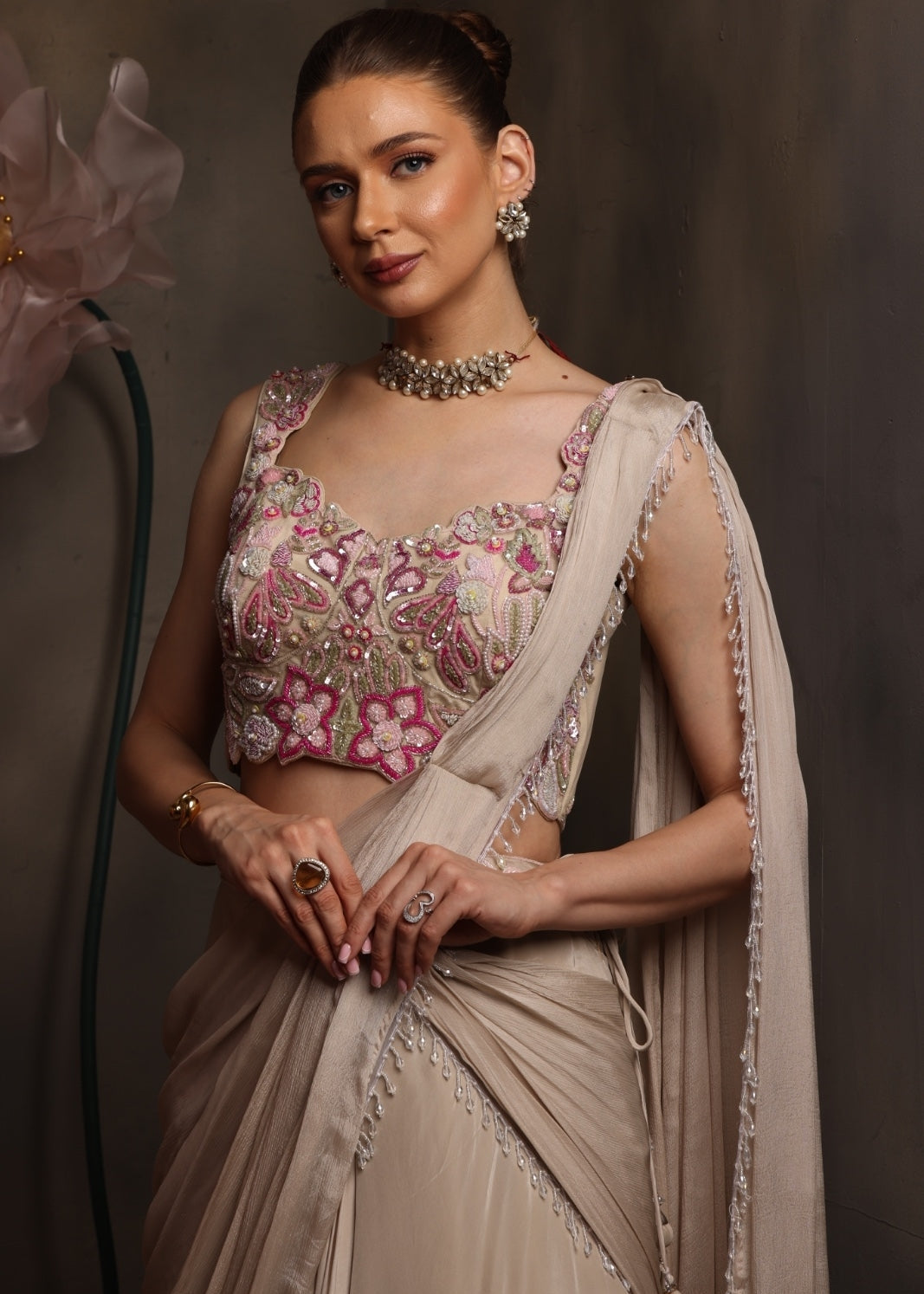 Champagne Beige Pre-Draped Saree