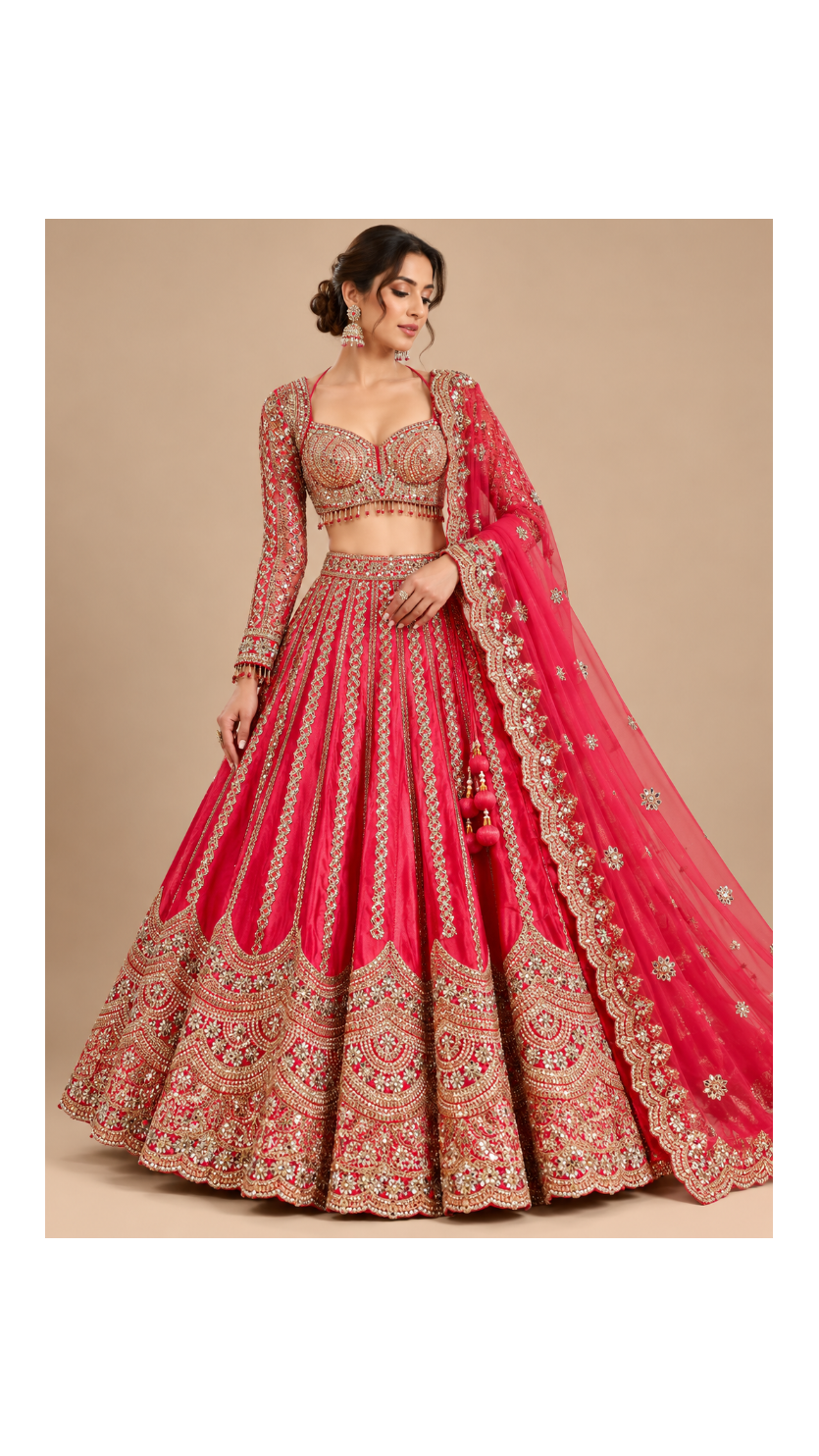 Cherry Red Zardozi Bridal Lehenga Set Main image