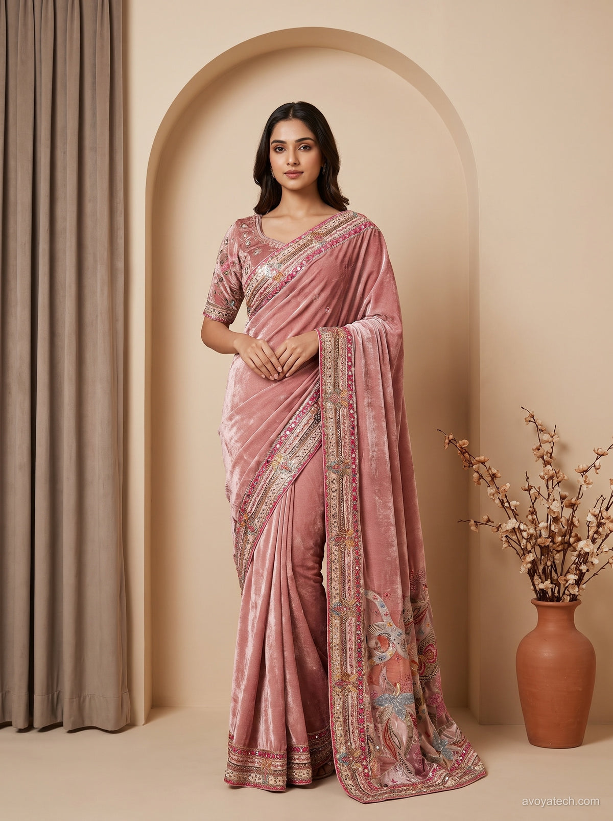 Dusty Rose Pink Velvet Saree with Handcrafted Embroidered Border &amp; Blouse Piece