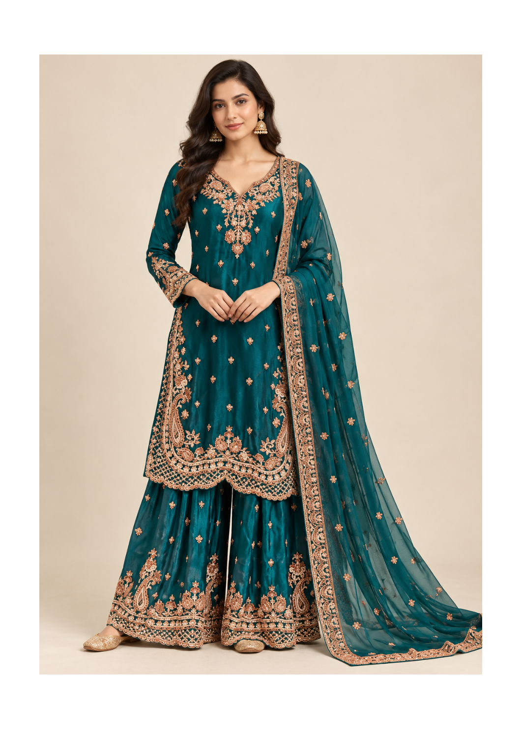 Deep Teal-Green Embroidered Silk Kurti, Flared Sharara