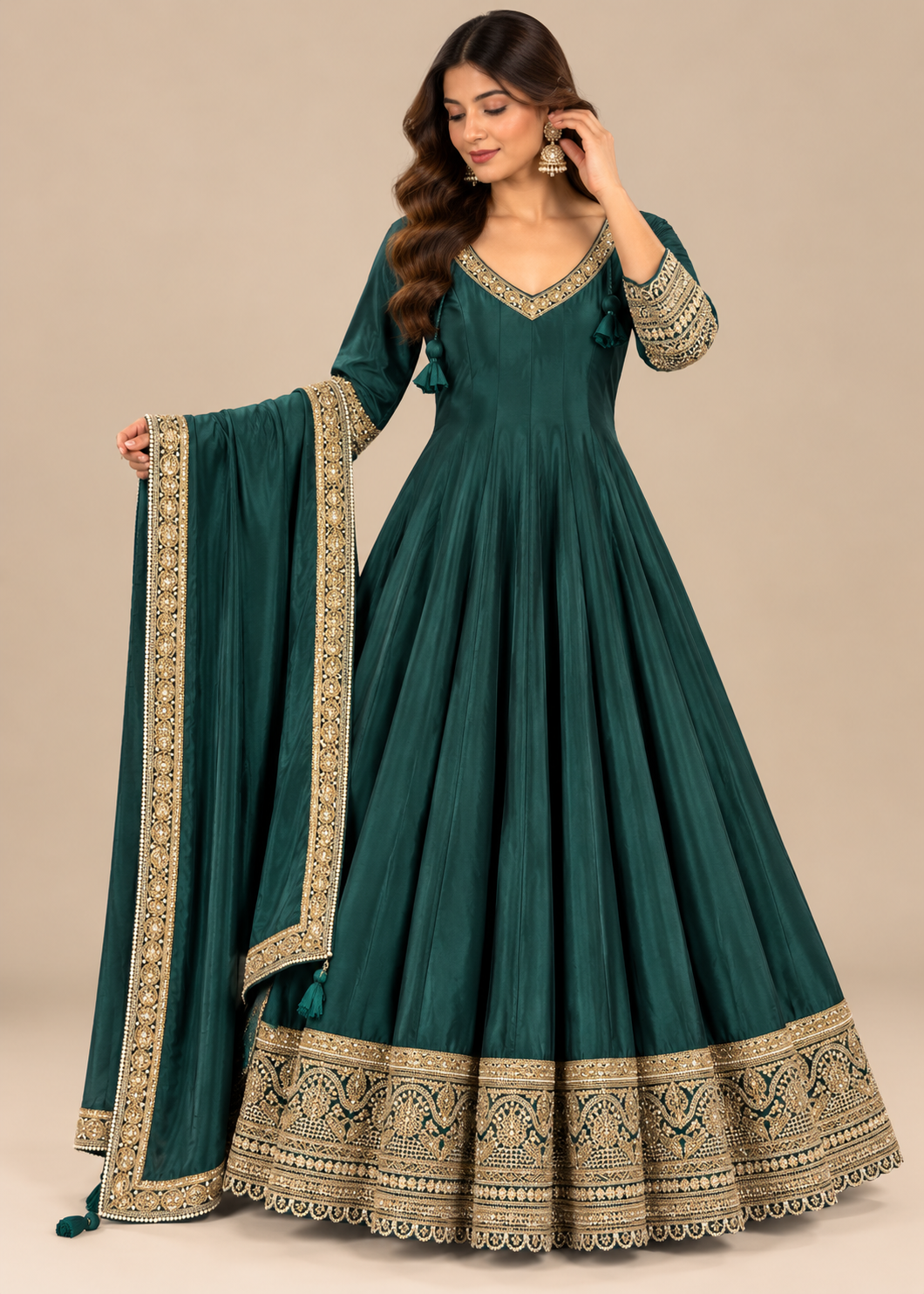 Emerald Green Embroidered Silk Anarkali Gown