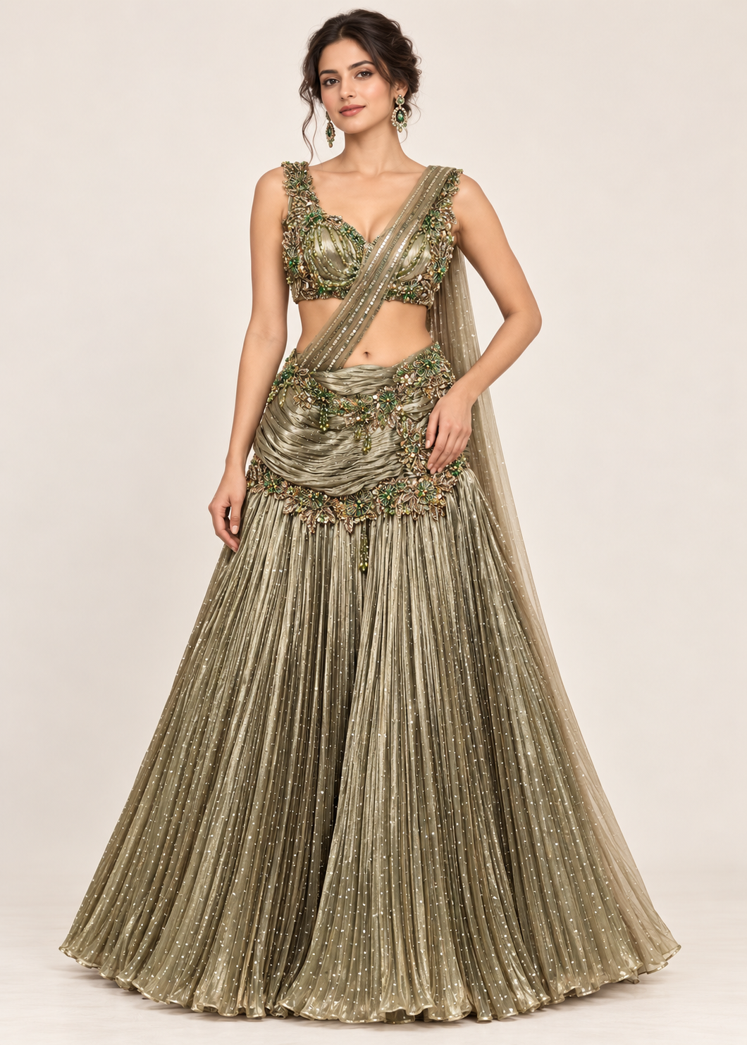 Sage Olive Pleated Concept Lehenga Saree with Embellished Corset