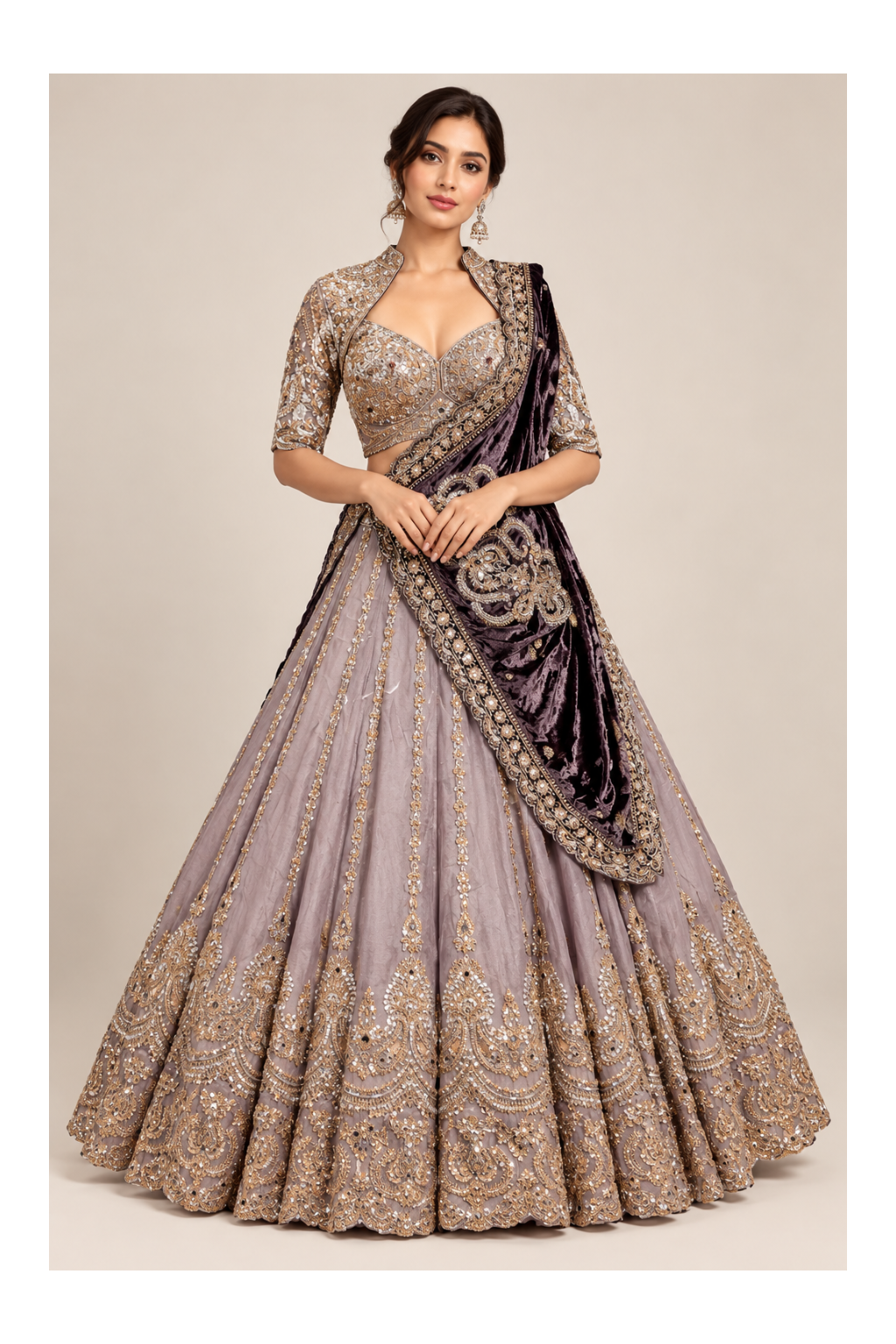 Mauve & Velvet Embroidered Bridal Lehenga Set Main image