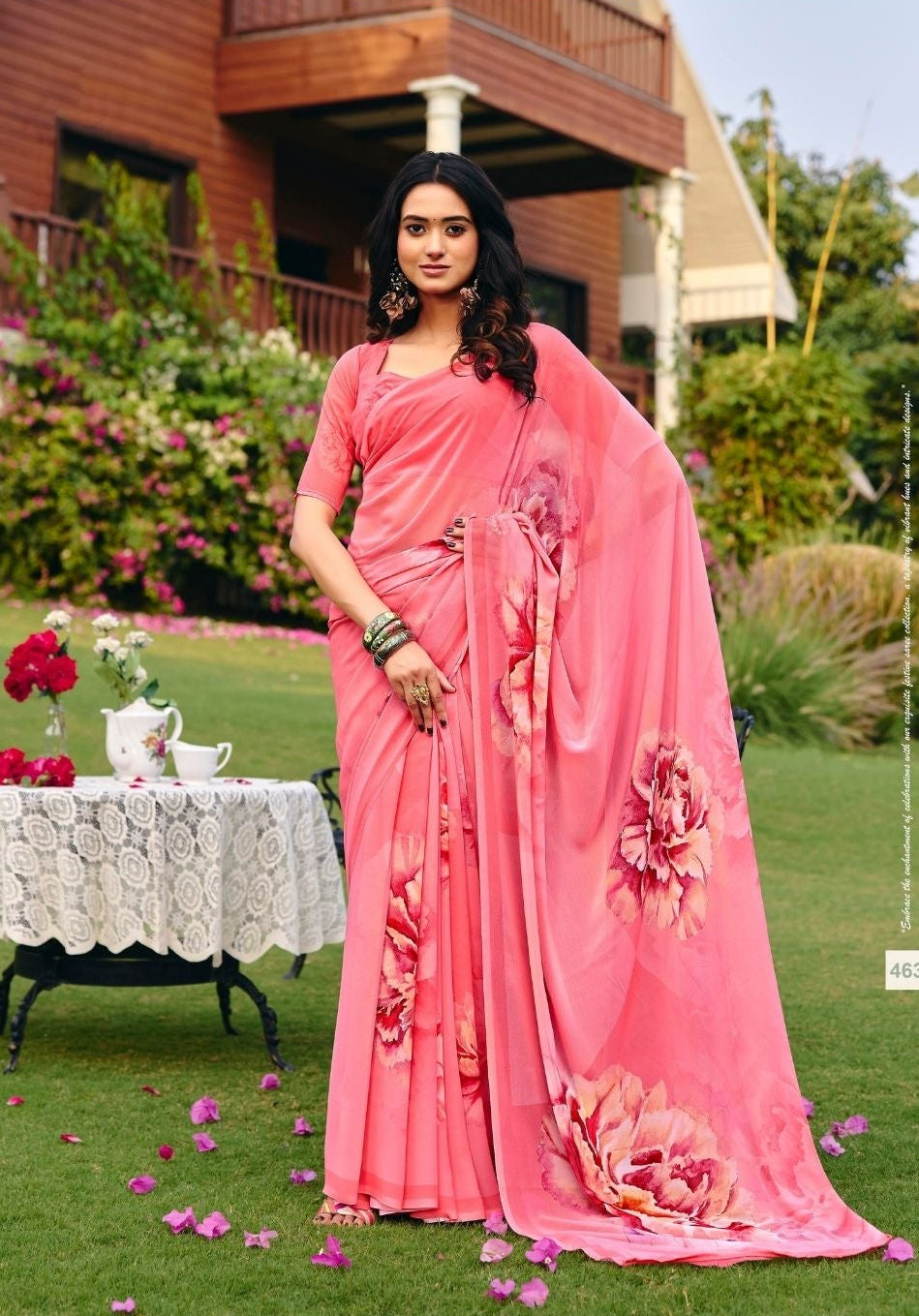 Coral Pink Floral Digital Print Chiffon Saree Main image