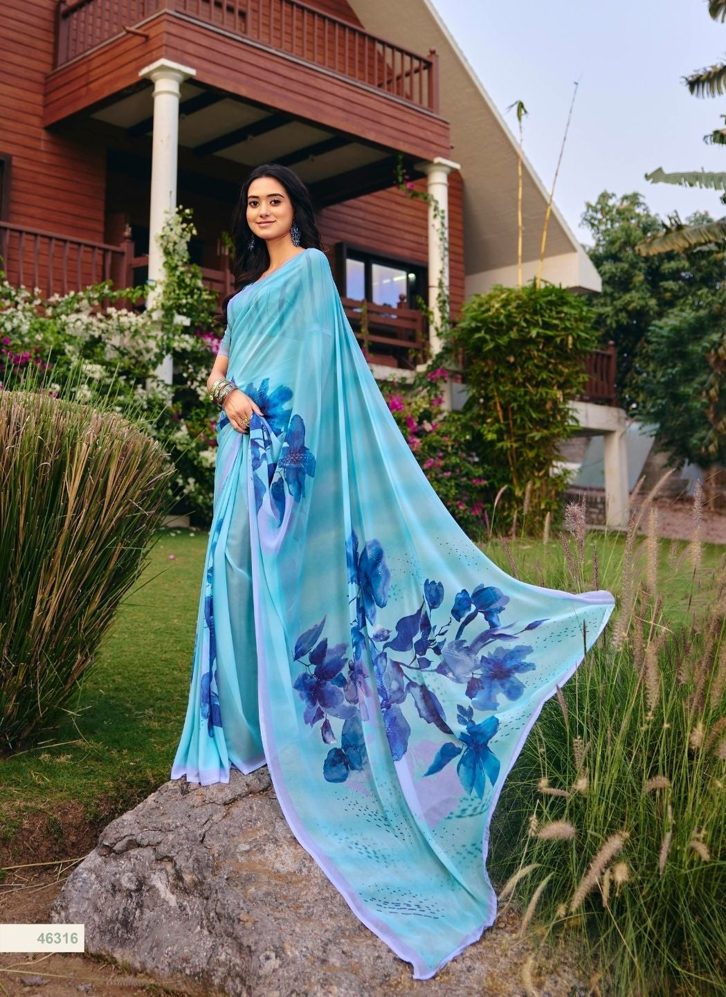 Ocean Breeze: Sky Blue Floral Print Saree Main image