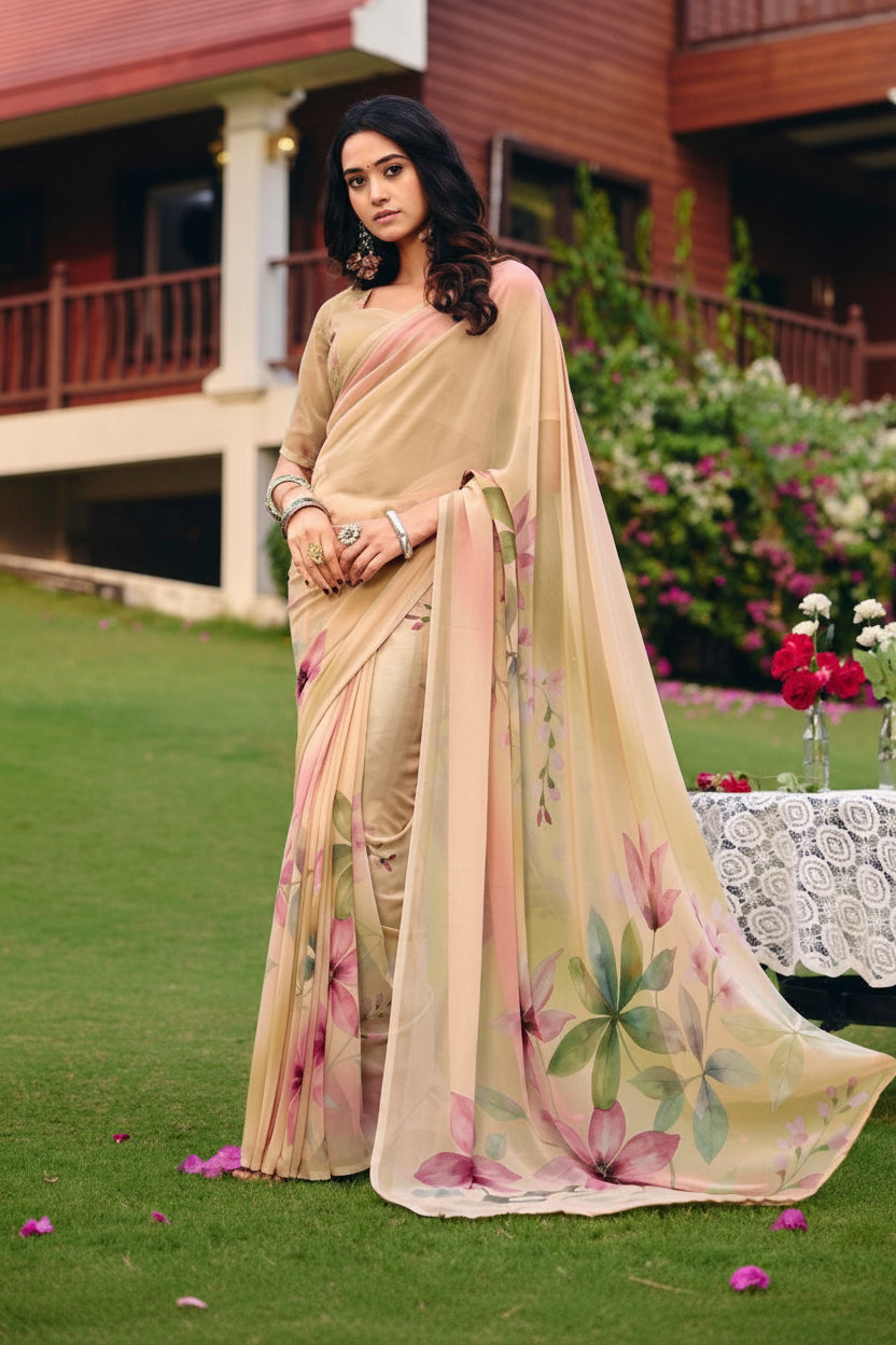 Peach Chiffon Floral Print Saree
