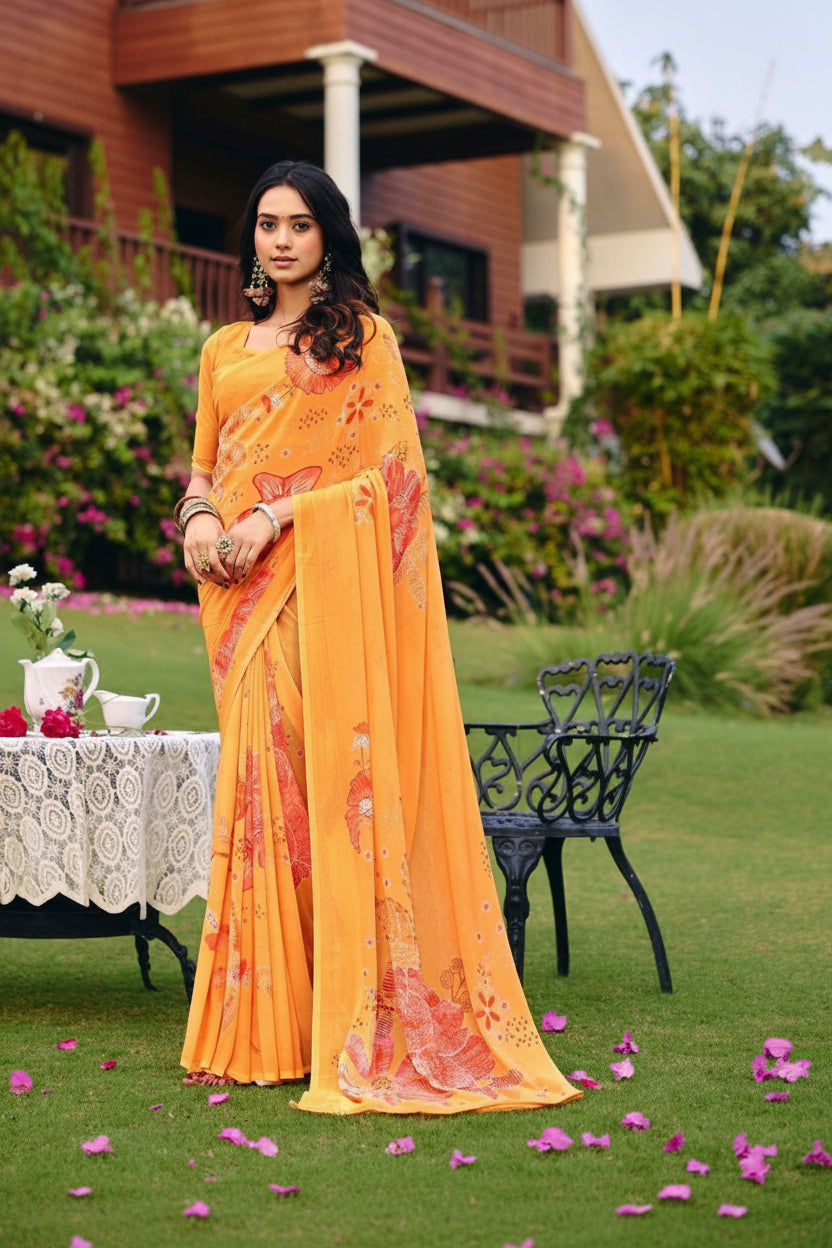 Mustard Floral Print Chiffon Saree Main image
