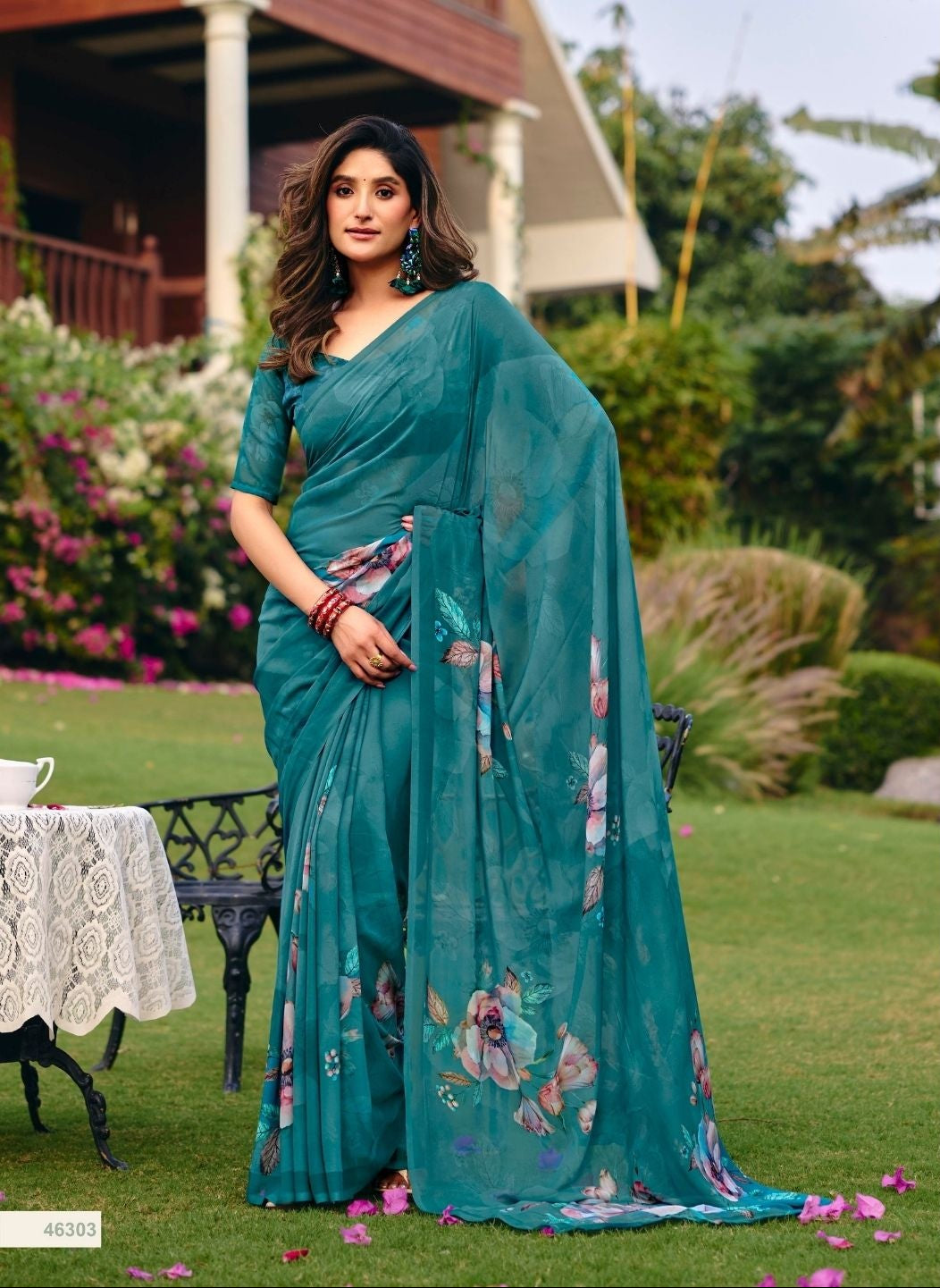 Deep Teal Floral Digital Print Saree Main image