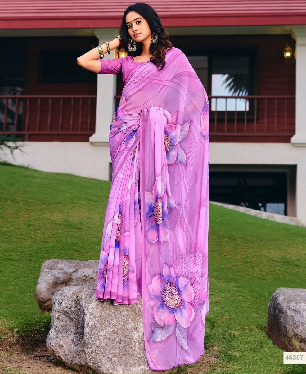 Purple Floral Print Chiffon Saree Main image