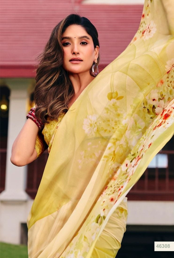 Pale Yellow Floral Print Chiffon Saree Secondary image