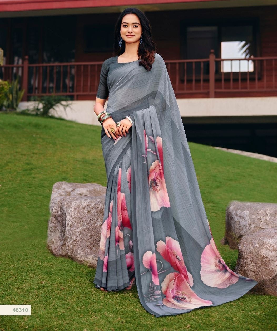 Slate Grey Floral Print Chiffon Saree Main image