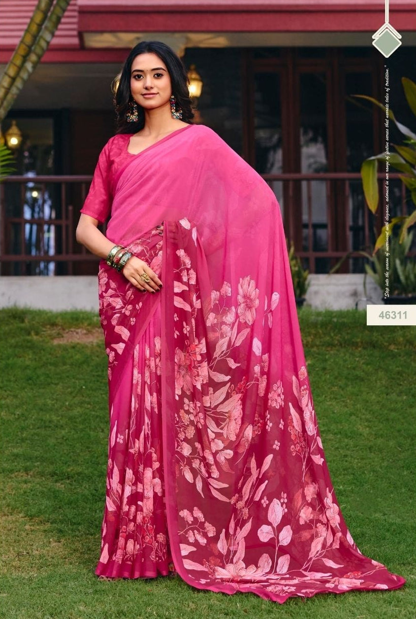 Fuchsia Pink Floral Print Saree