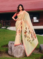 Cream and Peach Botanical Print Saree