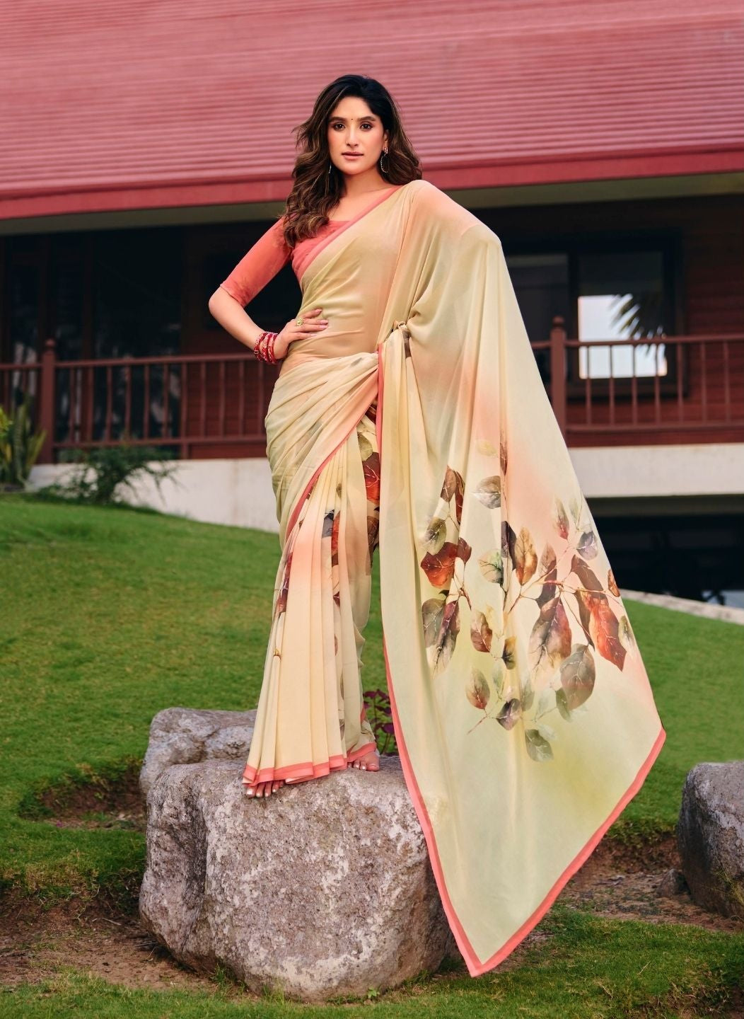 Cream and Peach Botanical Print Saree