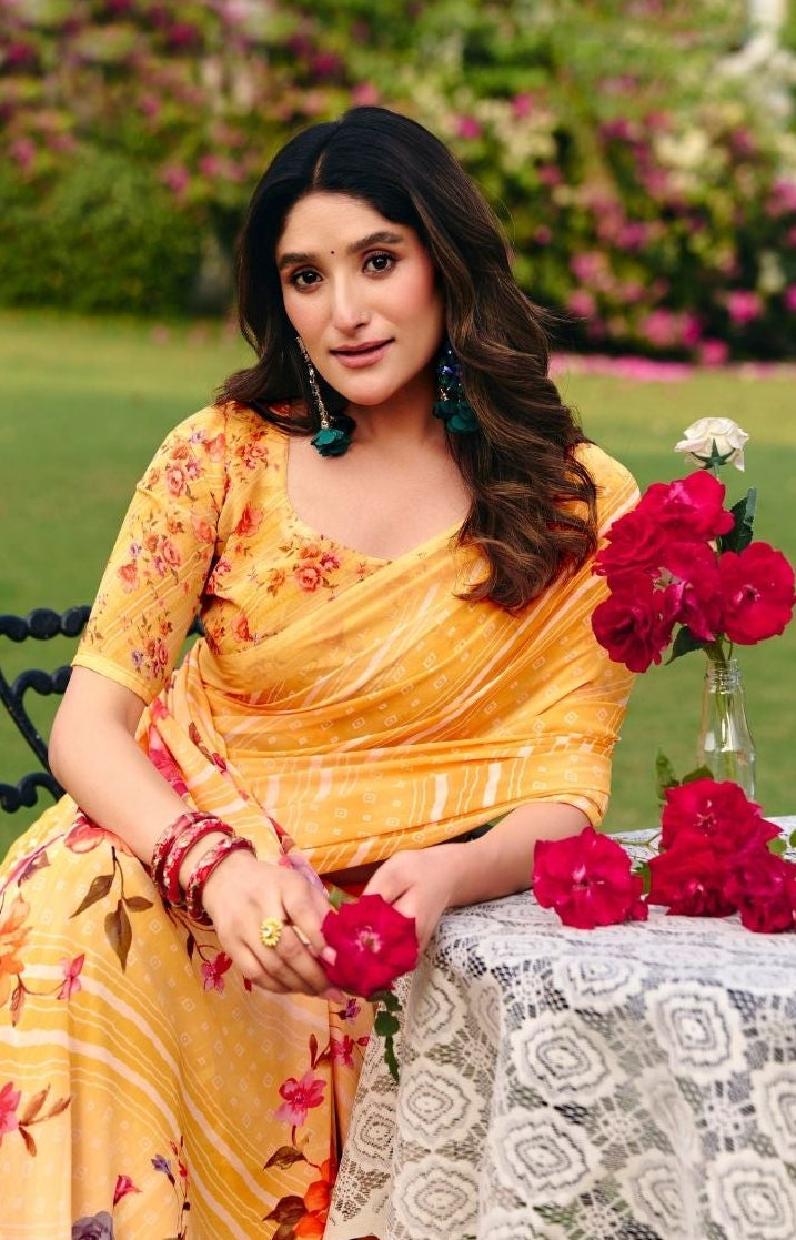 Mustard Yellow Patterned Floral Saree