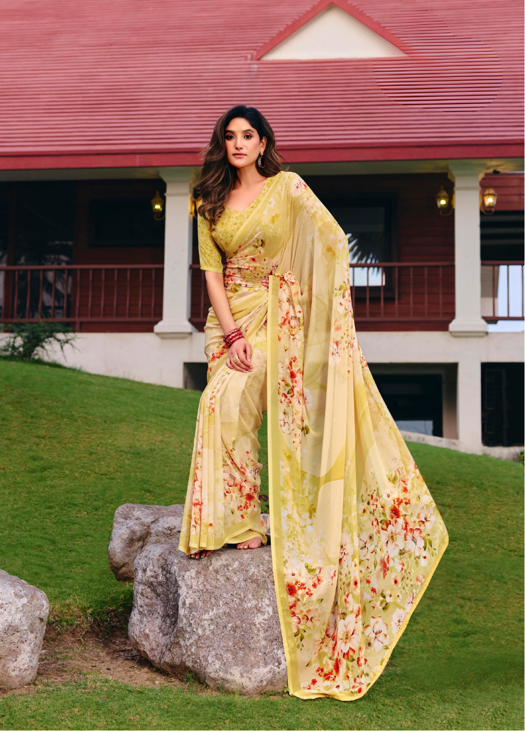 Pale Yellow Floral Print Chiffon Saree Main image