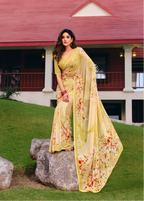 Pale Yellow Floral Print Chiffon Saree