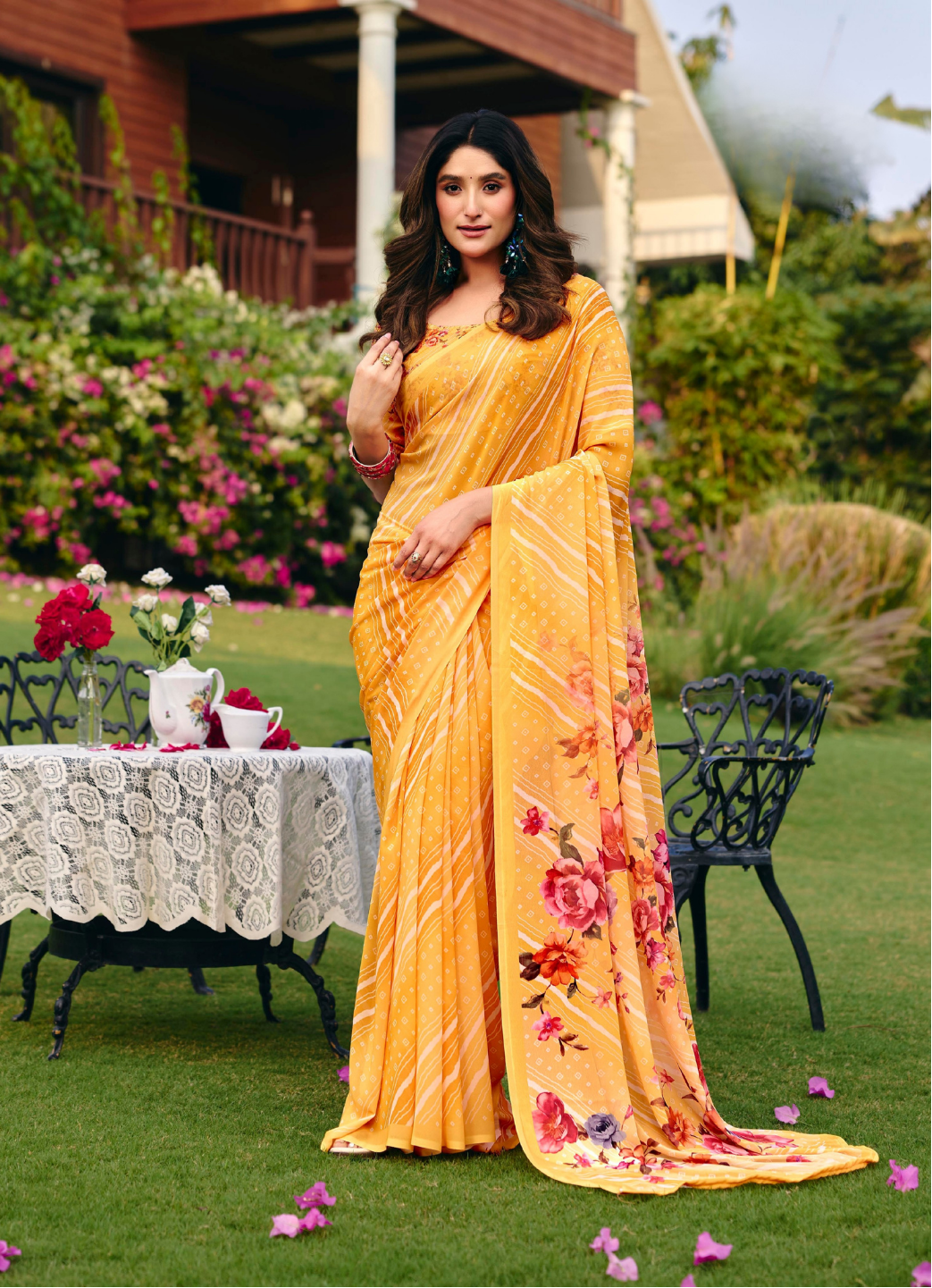 Mustard Yellow Patterned Floral Saree Main image