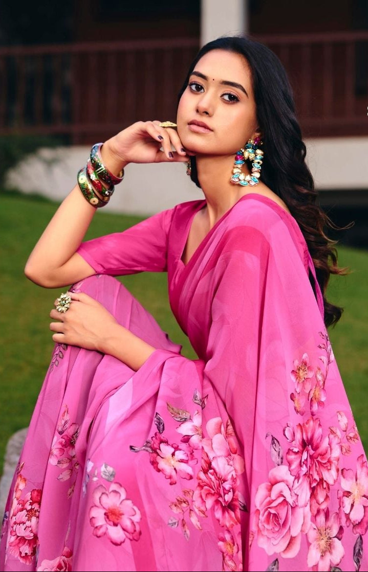 Chiffon Magenta Floral Print Saree