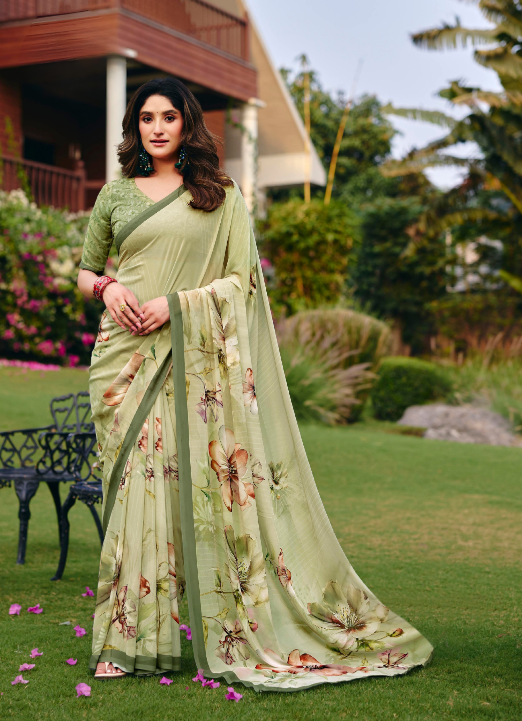 Sage Green Floral Digital Print Saree Main image