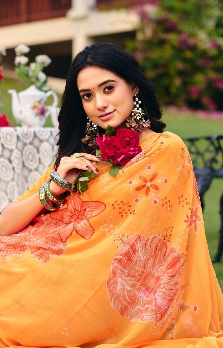 Mustard Floral Print Chiffon Saree Secondary image