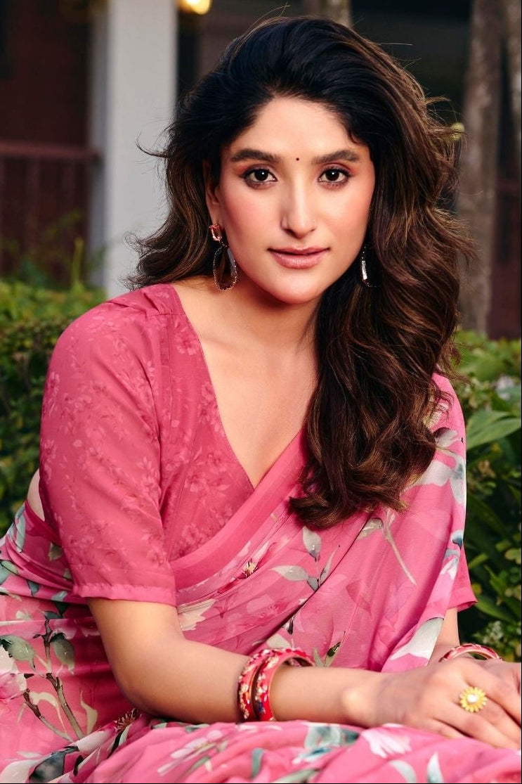 Pink Floral Digital Print Chiffon Saree Secondary image