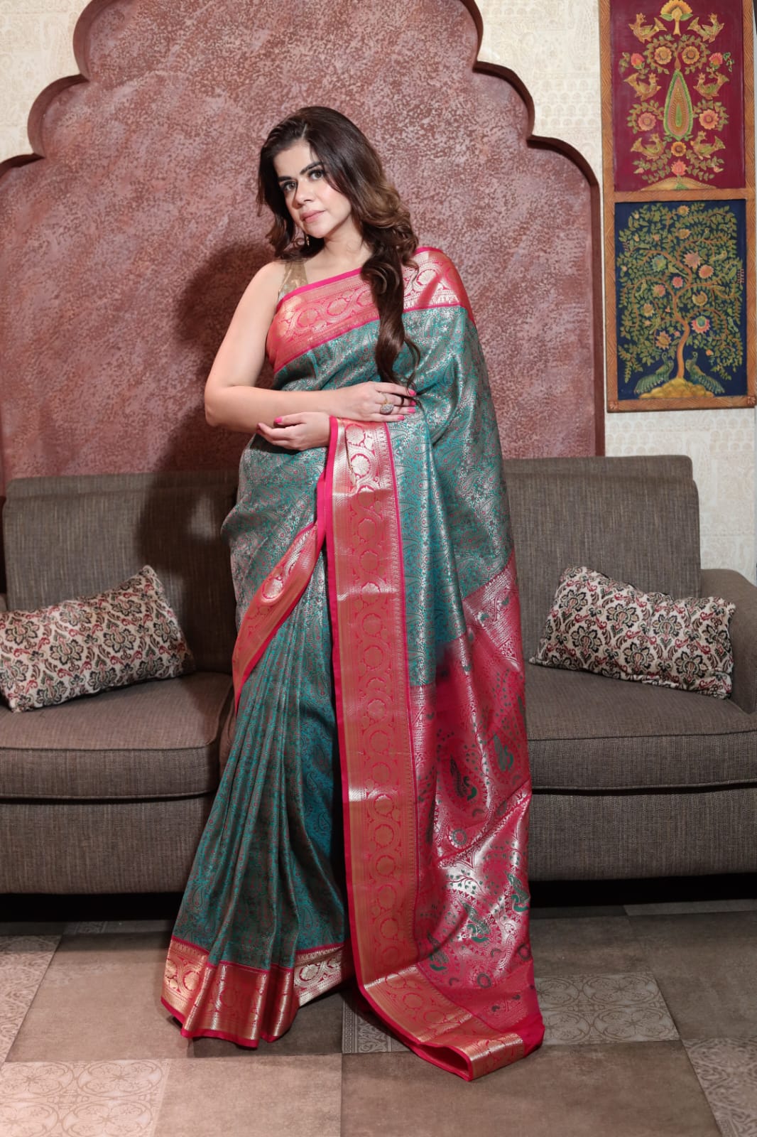 Majestic Teal Blue Banarasi Saree with Red Border