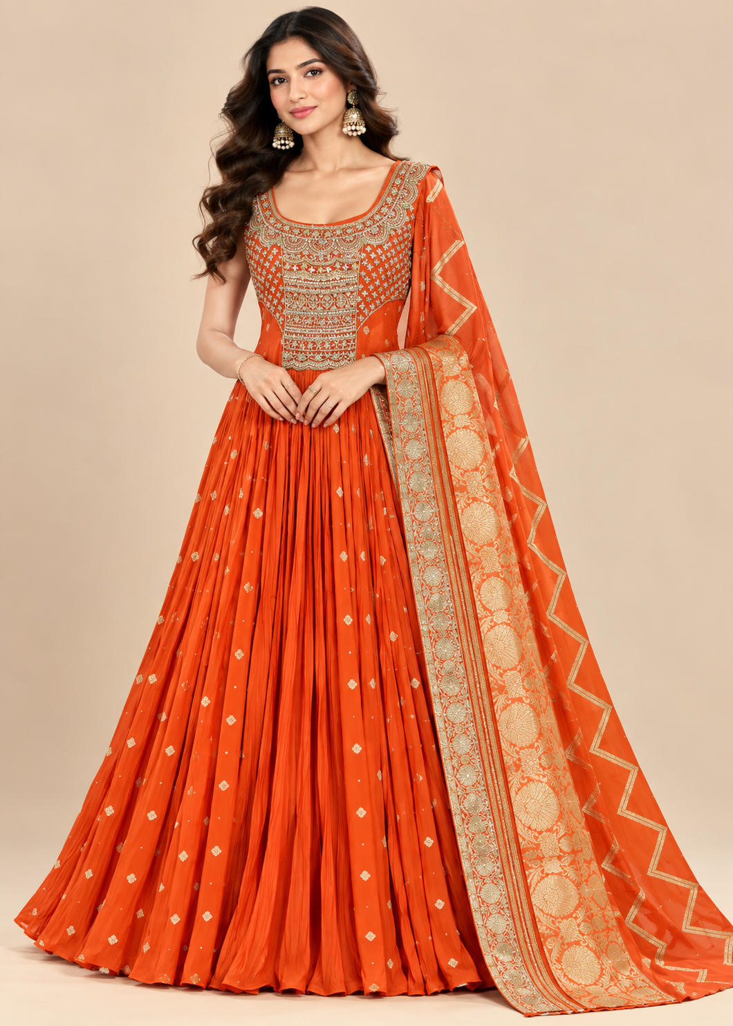 Rust Orange Embroidered Anarkali Gown with Brocade Dupatta