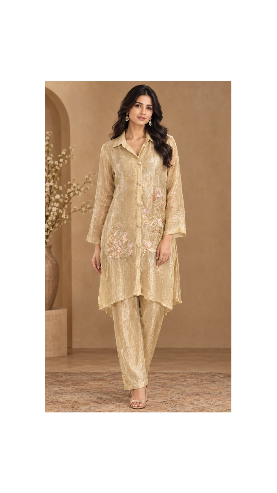 Beige Gold Metallic Tissue Silk Collar Tunic Kurta & Trouser Co-Ord Set with Subtle Floral Threadwork Main image