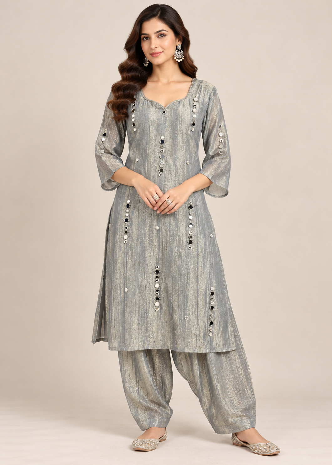 Silver Grey Mirror Work Salwar Suit
