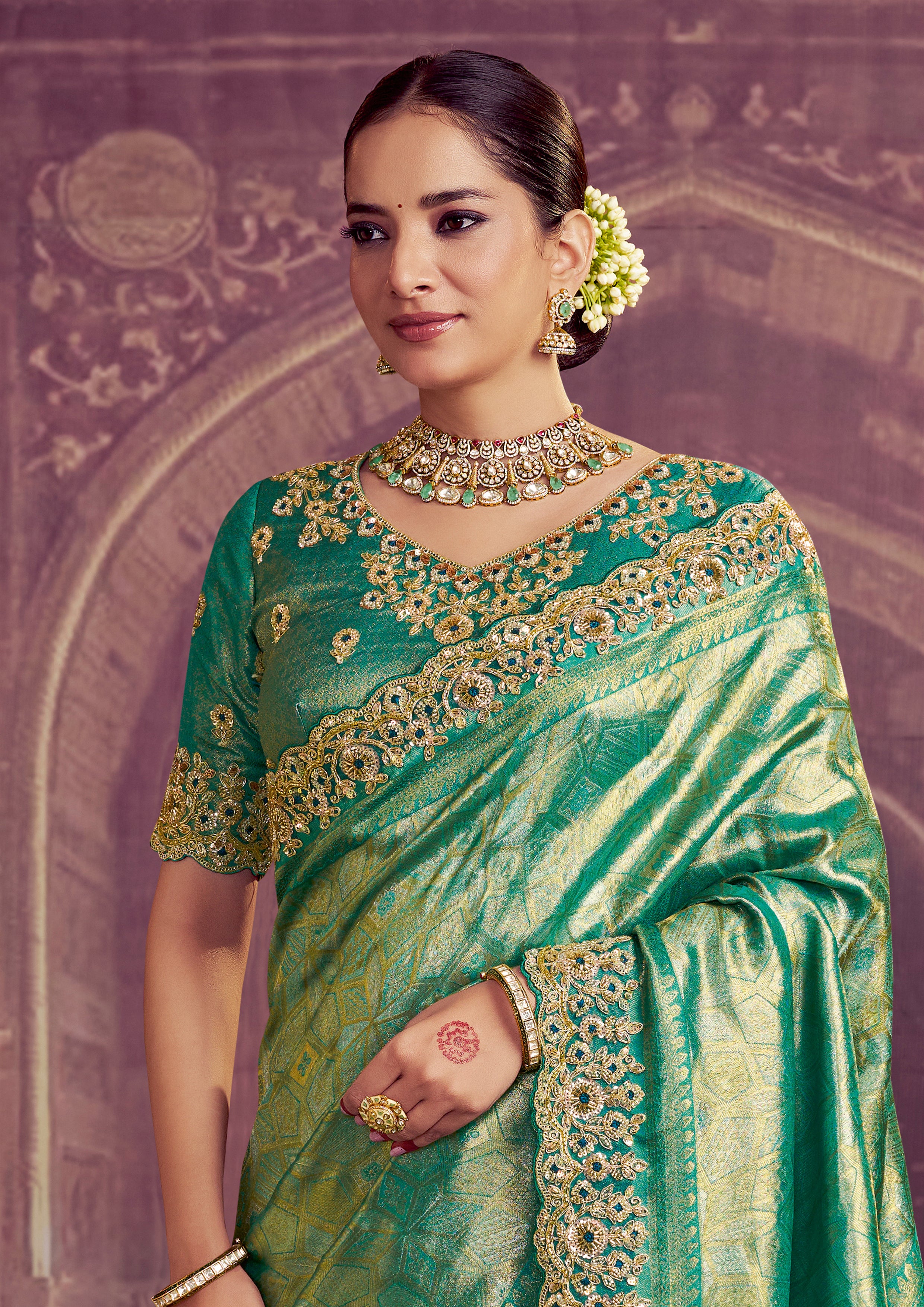 Green blue zari silk saree