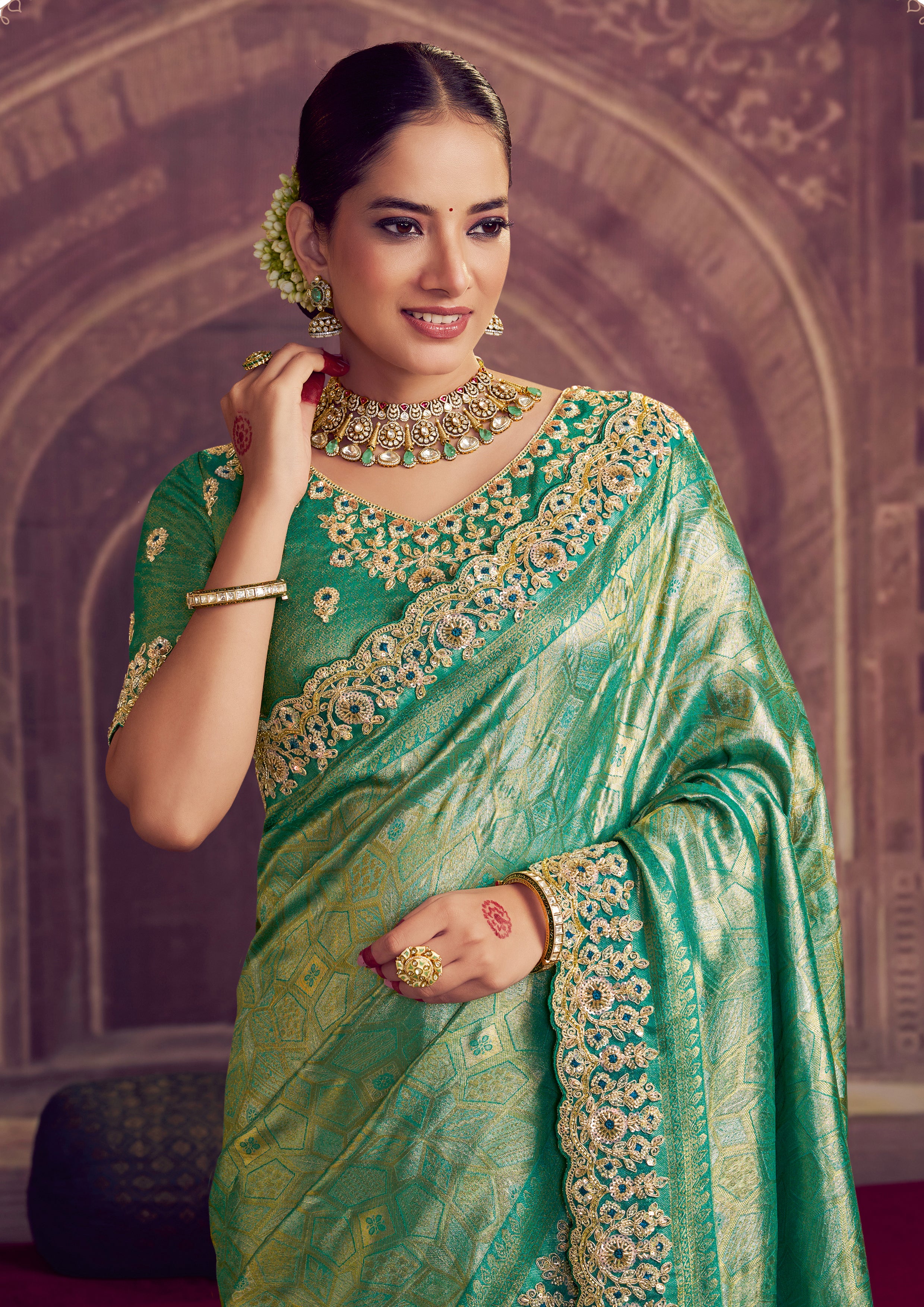 Green blue zari silk saree
