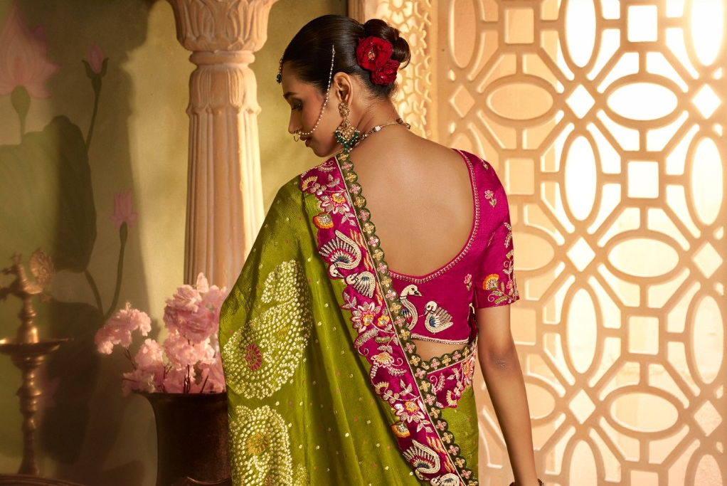 Mehendi Green & Rani Pink Designer Saree with Rich Multicolour Embroidered Border