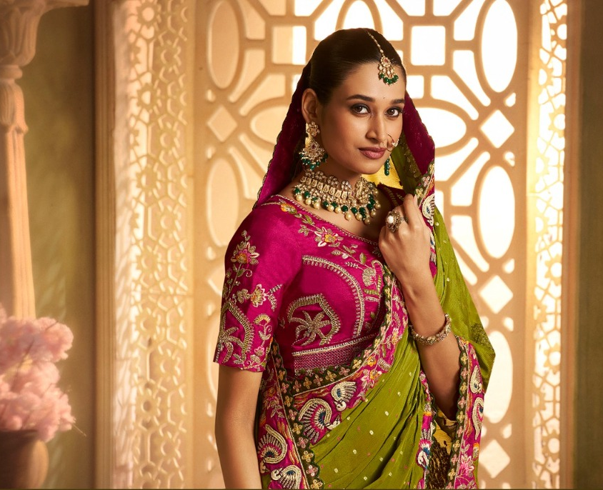 Mehendi Green & Rani Pink Designer Saree with Rich Multicolour Embroidered Border