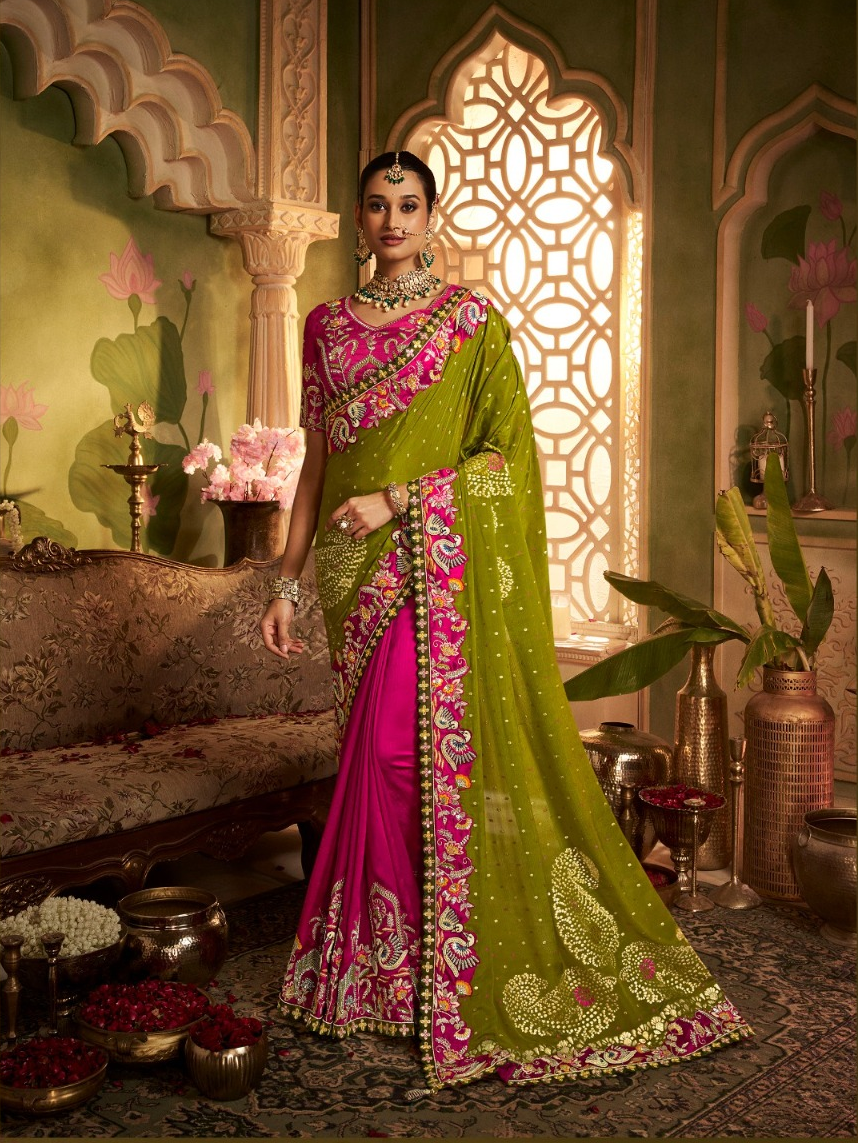 Mehendi Green & Rani Pink Designer Saree with Rich Multicolour Embroidered Border Main image