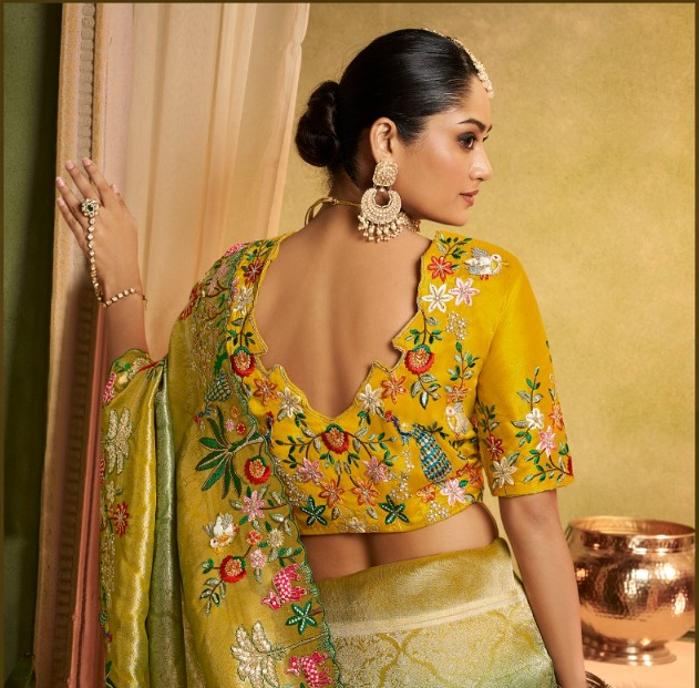 Royal Pista Green Designer Saree with Multicolour Floral Embroidery