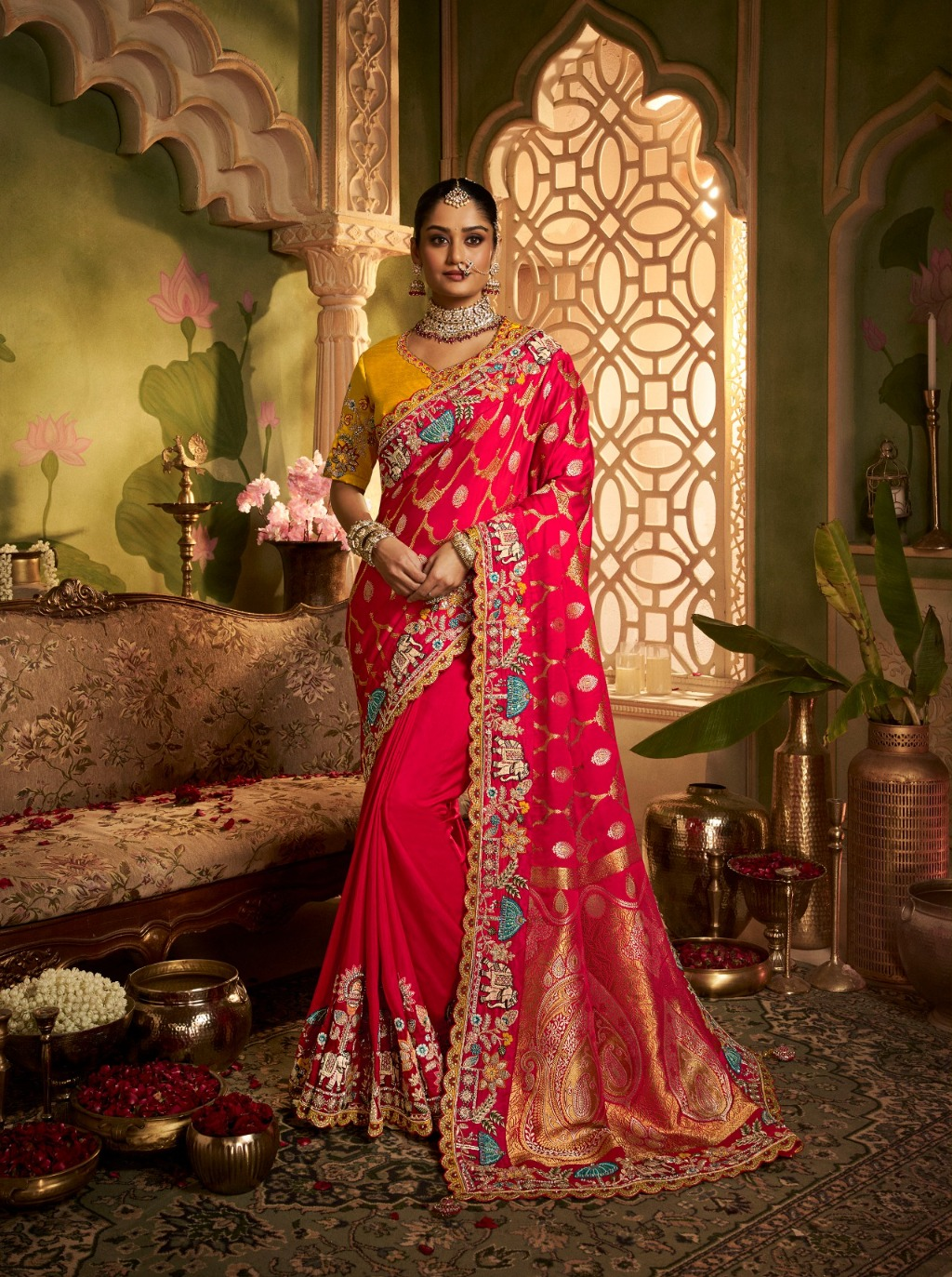 Rani Pink Designer Saree with Heavy Multicolour Embroidery
